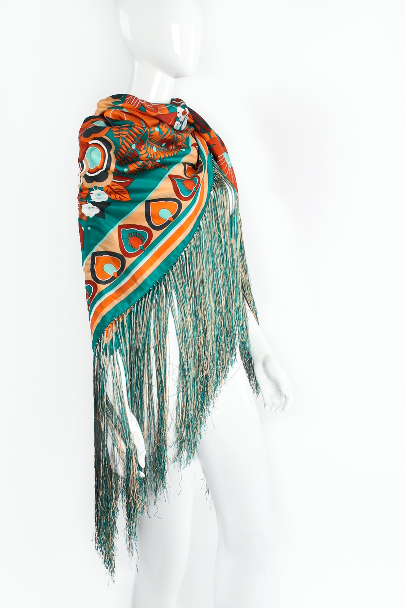 Vintage Francois Guerin Tropical Floral Print Silk Fringe Scarf Shawl on Mannequin Side at Recess