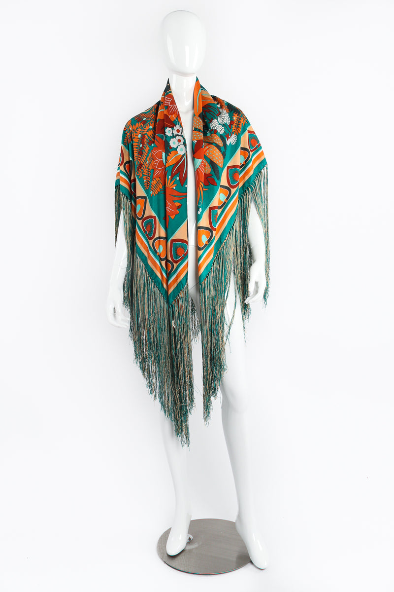 Vintage Francois Guerin Tropical Floral Print Silk Fringe Scarf Shawl on Mannequin Front at Recess