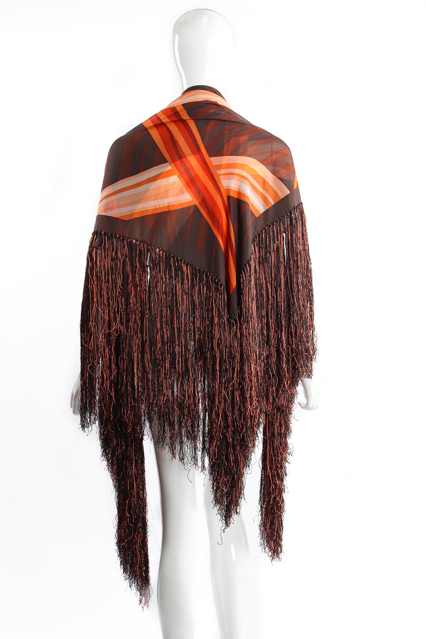 Vintage Francois Guerin Woven Stripe Print Silk Fringe Shawl on Mannequin Back at Recess LA