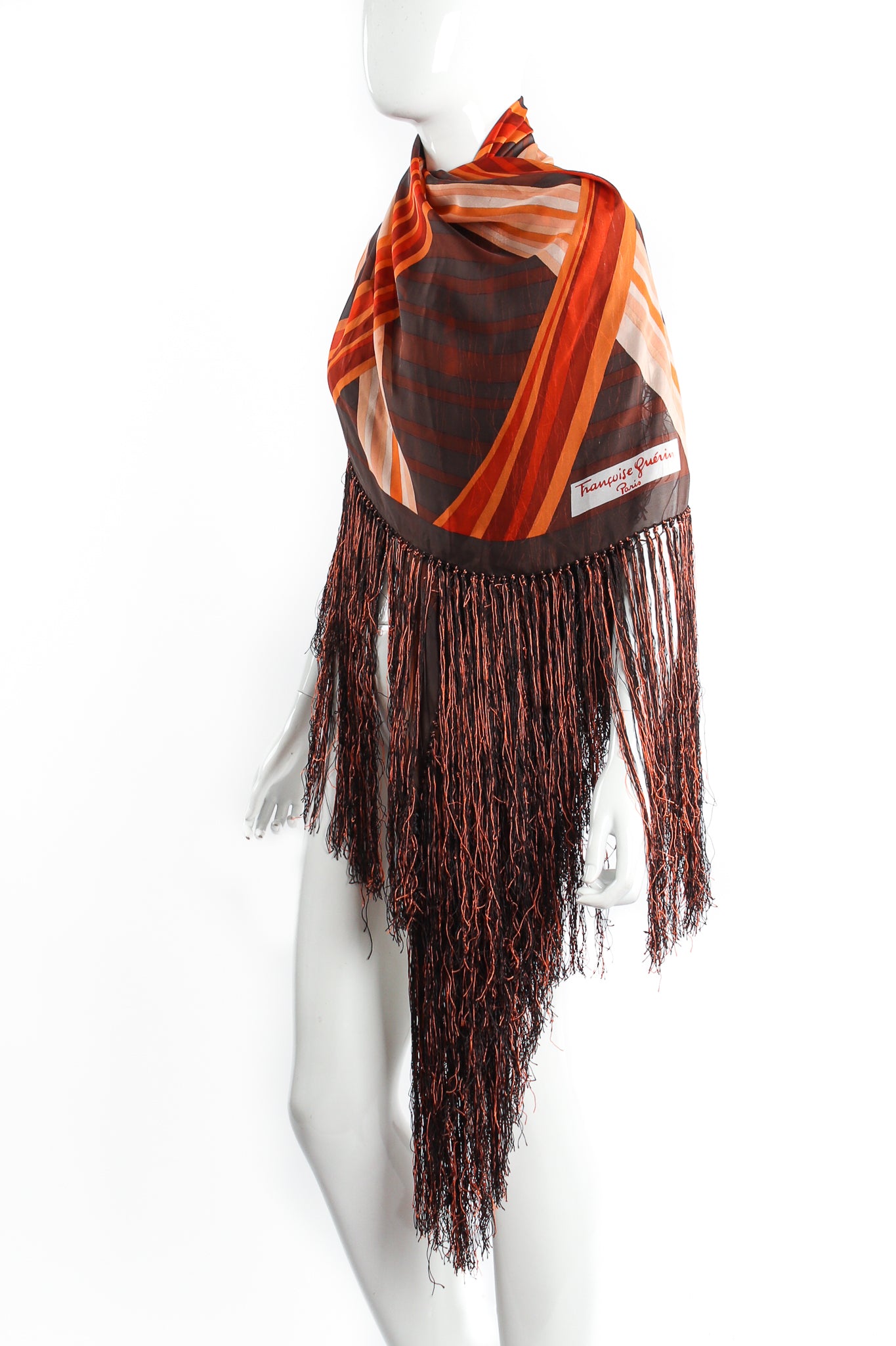 Vintage Francois Guerin Woven Stripe Print Silk Fringe Shawl on Mannequin Side at Recess LA