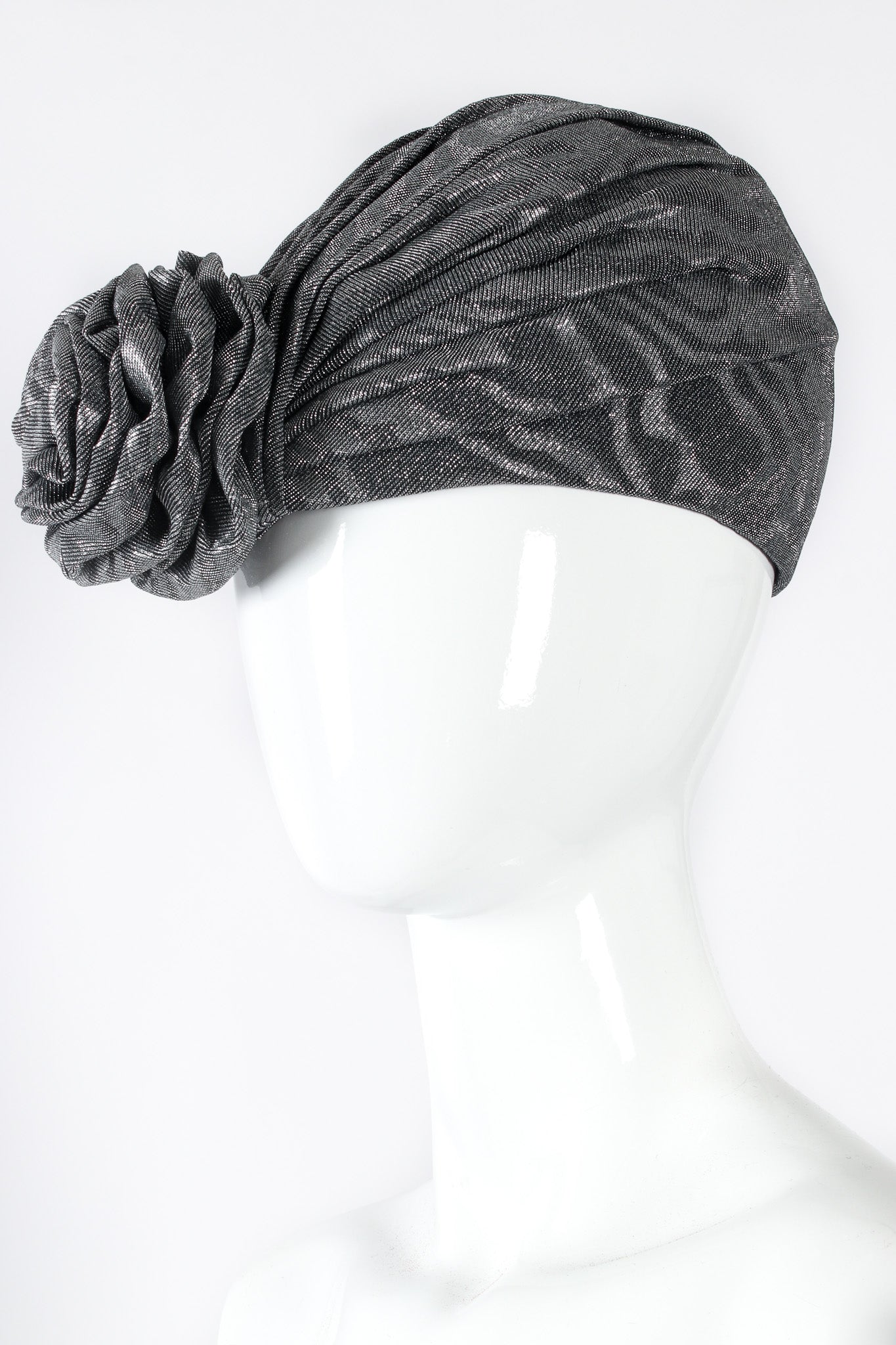 Vintage Frank Olive for Saks Metallic Moiré Flower Turban Hat mannequin angle @ Recess LA