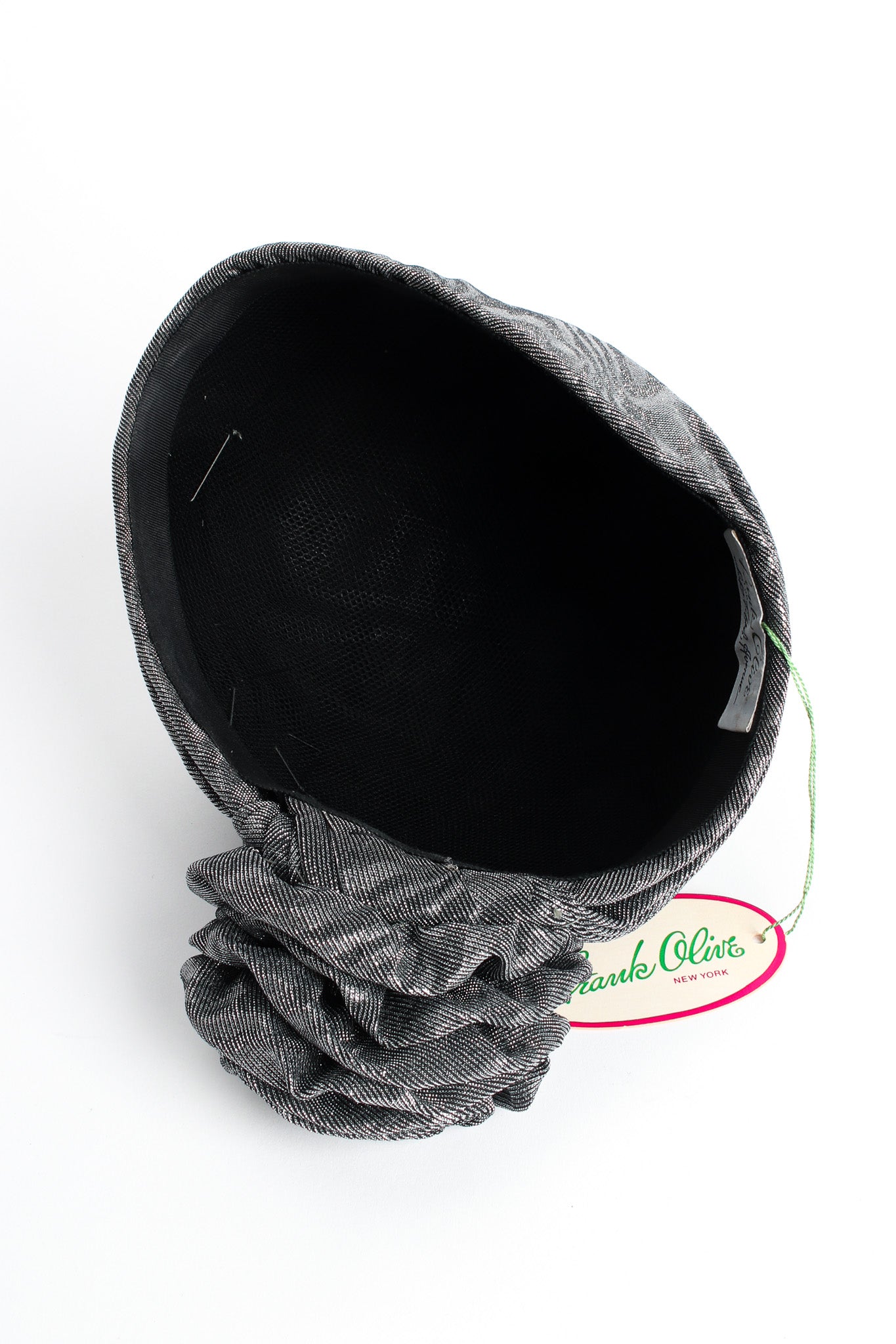 Vintage Frank Olive for Saks Metallic Moiré Flower Turban Hat reverse/inner hat @ Recess LA