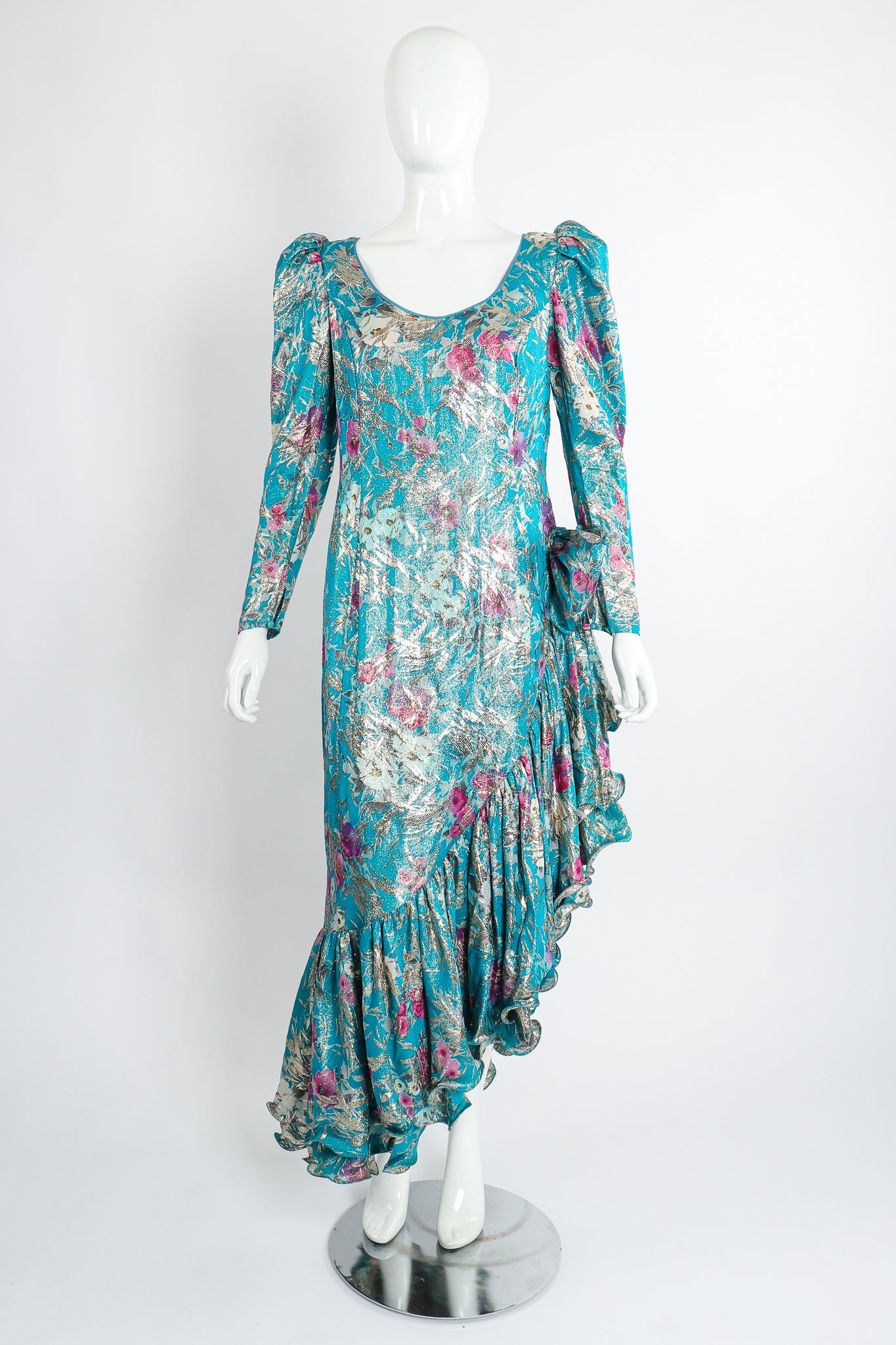 Vintage Frank Usher Asymmetrical Ruffle Hem Lamé Brocade Dress on Mannequin front unclipped at Recess LA