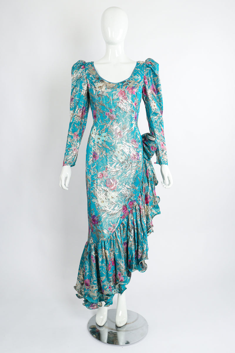 Vintage Frank Usher Asymmetrical Ruffle Hem Lamé Brocade Dress on Mannequin front at Recess LA