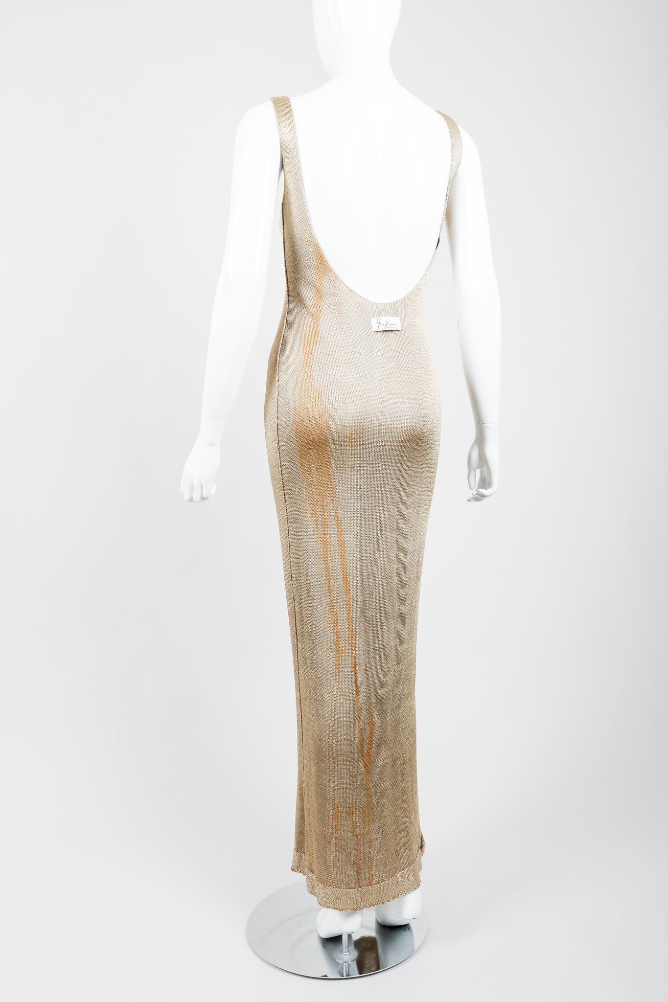 Vintage Fred Hayman Liquid Gold Beaded Gown on Mannequin Stained lining