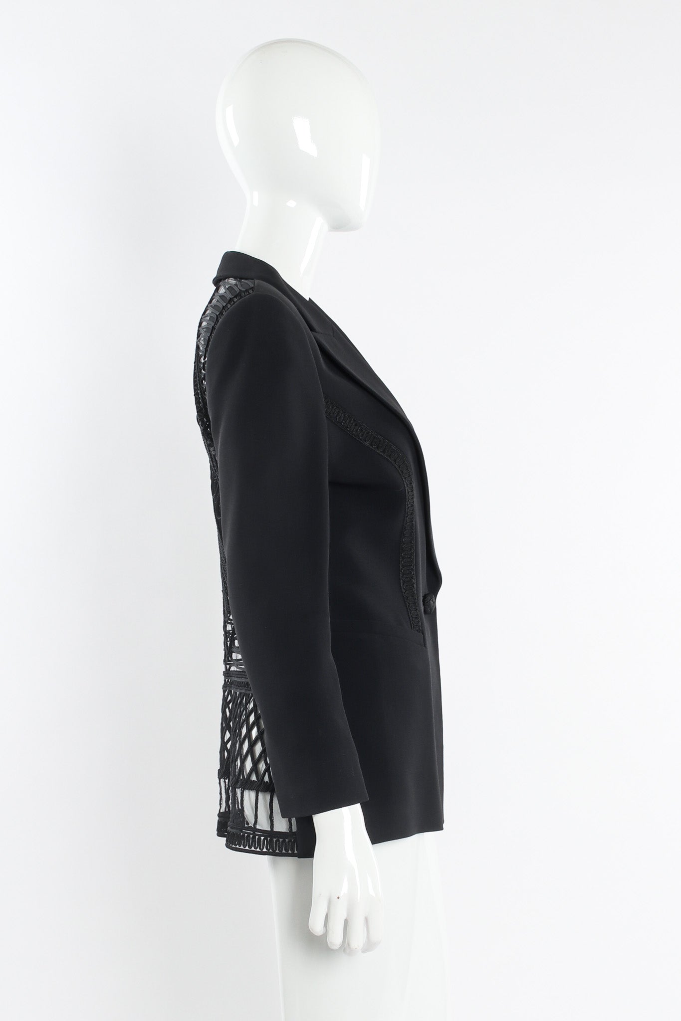 Vintage Gai Mattiolo Soutache Braid Mesh Geo Blazer mannequin side @ Recess Los Angeles