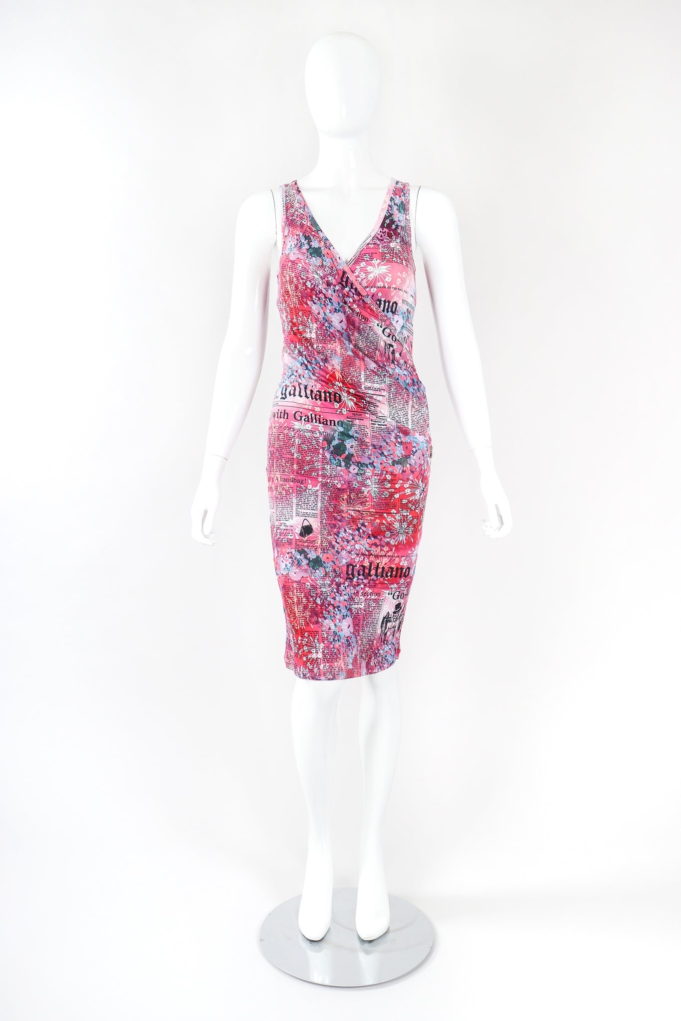 Recess Designer Consignment Vintage John Galliano Floral Newspaper Print Stretch Surplice Dress