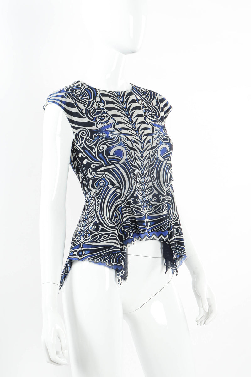 Vintage Jean Paul Gaultier Soleil Mesh Tribal Print Top on mannequin angle  @ Recess LA