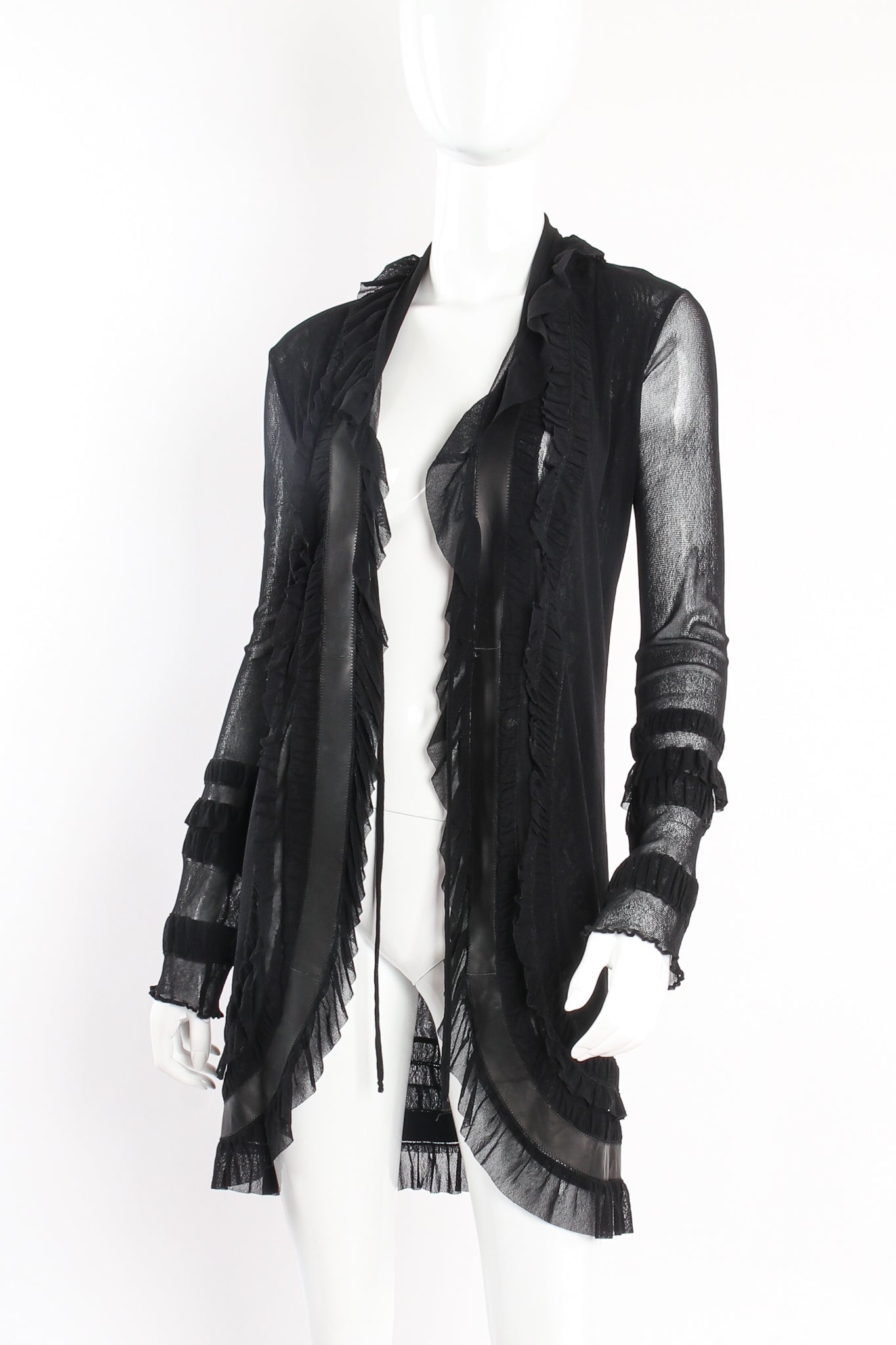 Vintage Jean Paul Gaultier Soleil Mesh Ruffle Cardigan Jacket on Mannequin open at Recess LA