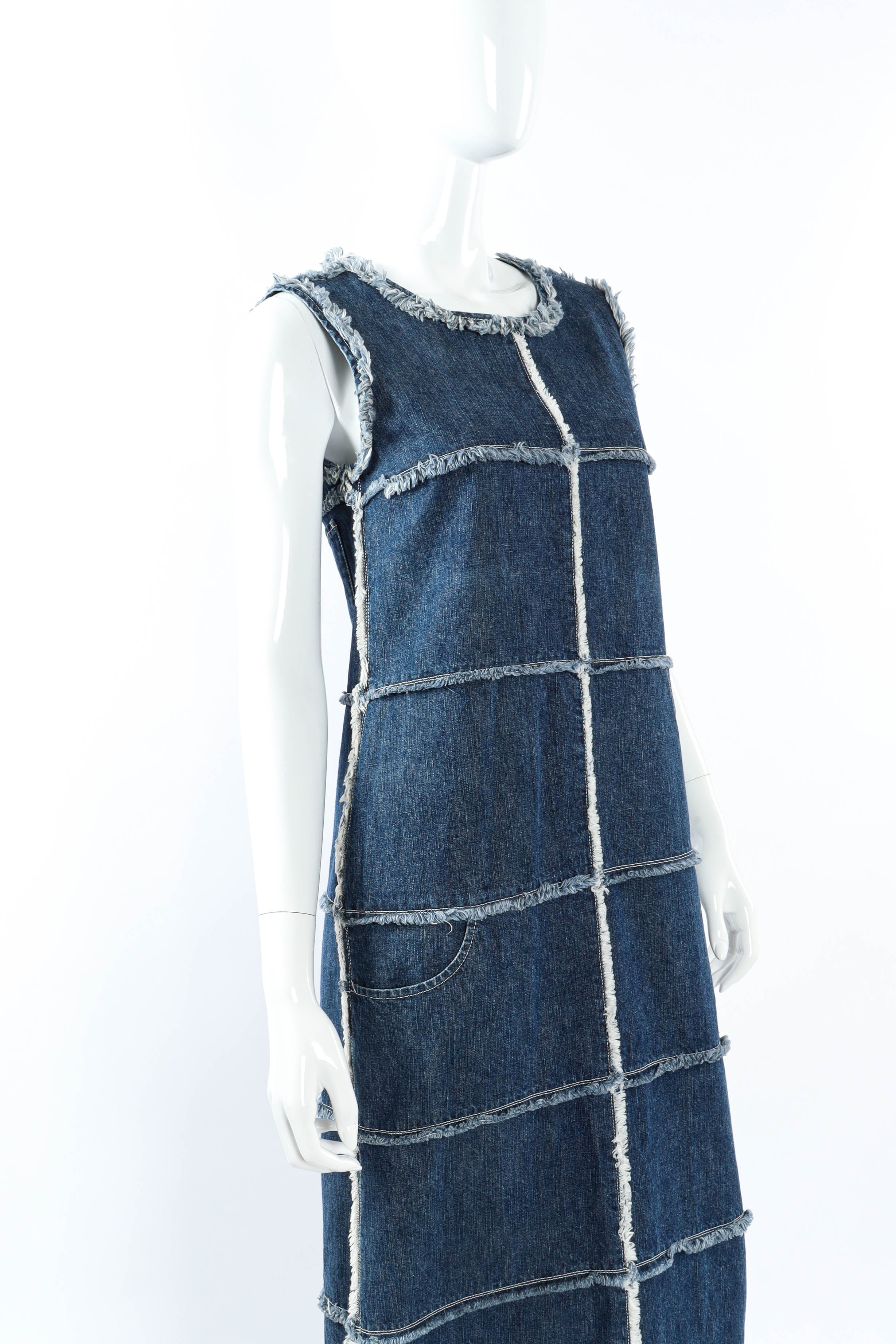 Vintage Jean Paul Gaultier Frayed Denim Patches Dress mannequin angle @ Recess LA