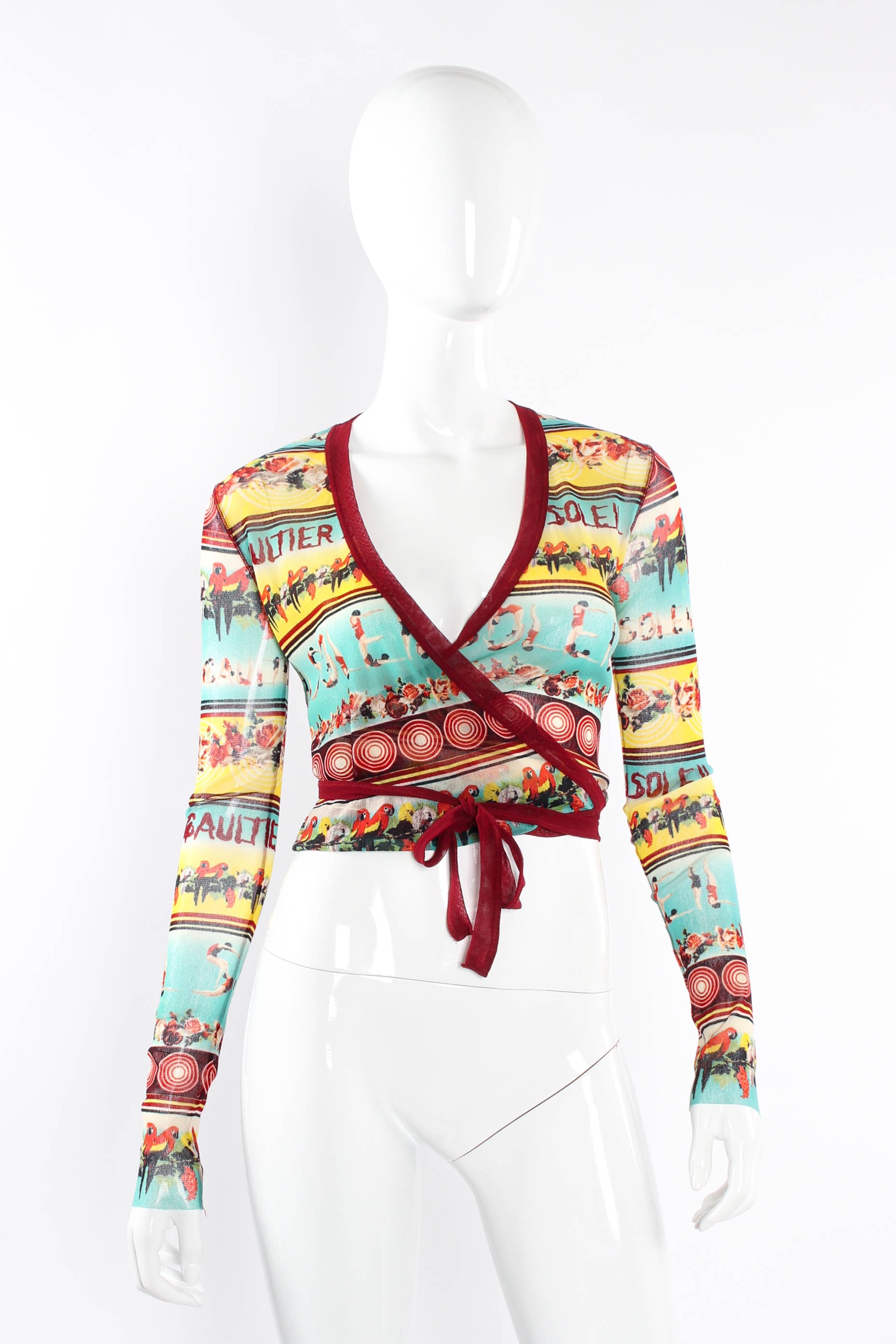 Vintage Jean Paul Gaultier Tropical Soleil Mesh Wrap Top on mannequin at Recess Los Angeles