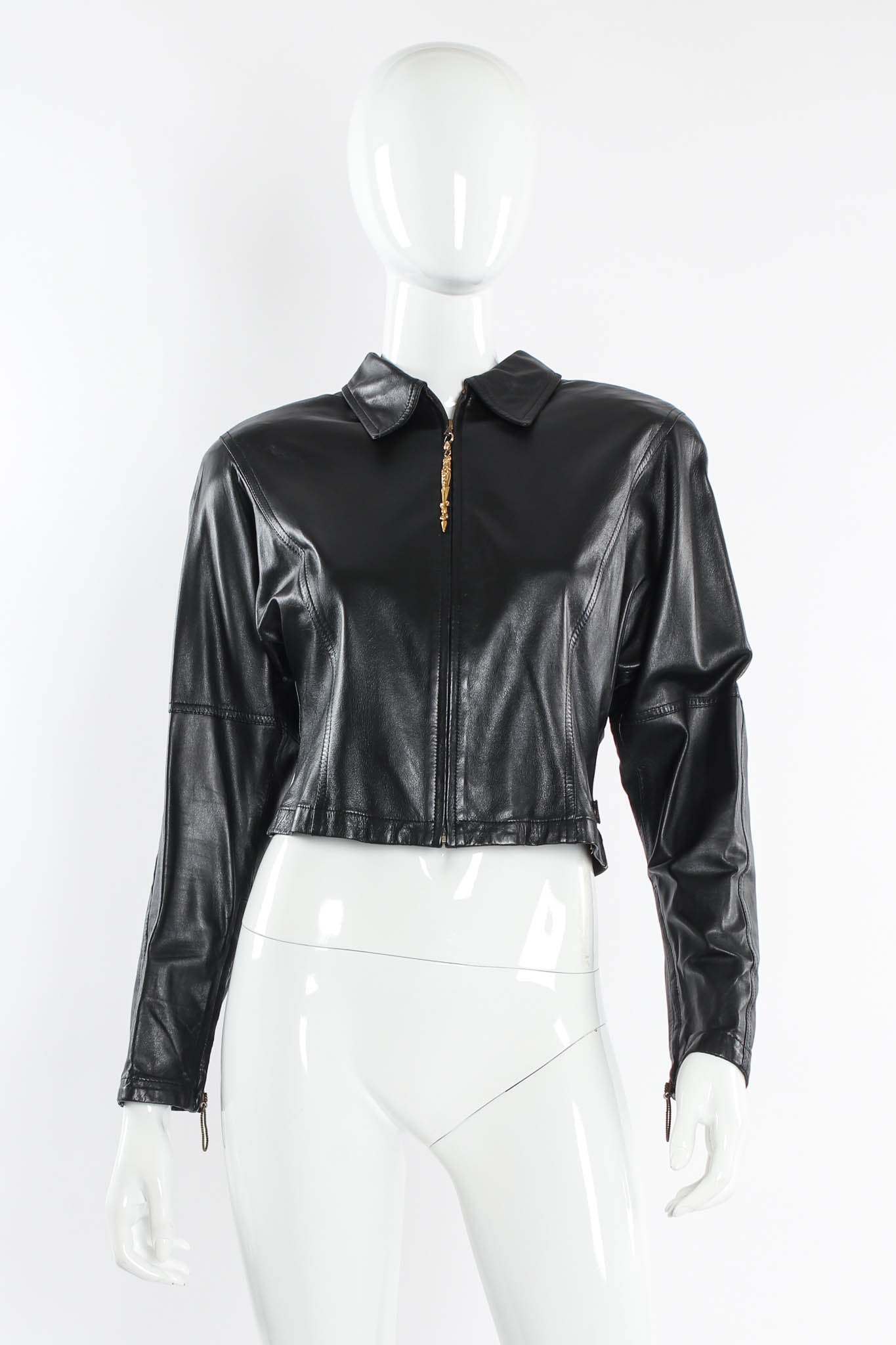 Vintage Gianfranco Ferre Grommet Leather Top & Skirt Set mannequin front top @ Recess LA