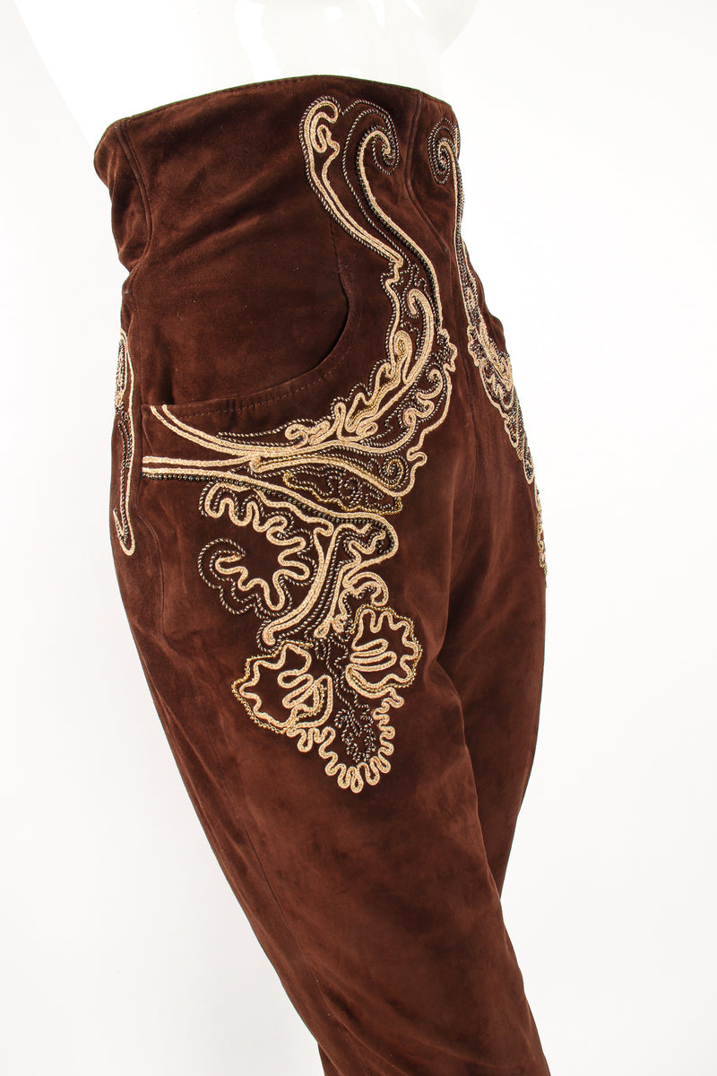 Vintage Gianfranco Ferre Suede Corset Waist Jodhpur Pants on Mannequin waist at Recess Los Angeles