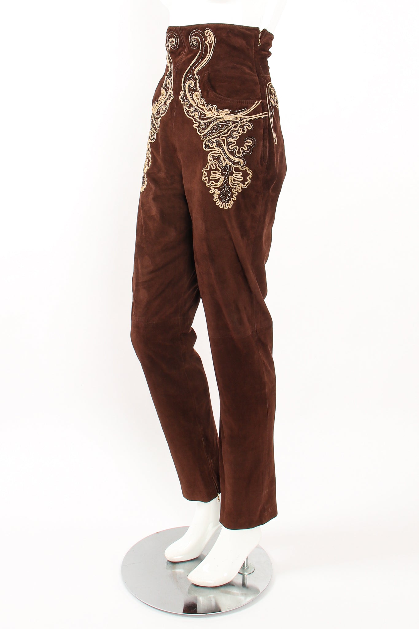 Vintage Gianfranco Ferre Suede Corset Waist Jodhpur Pants on Mannequin angle at Recess Los Angeles