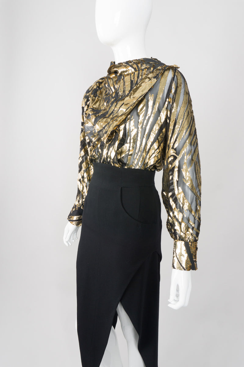 Alan Austin Gold Silk Velvet Lamé Zebra Palm Burnout Top