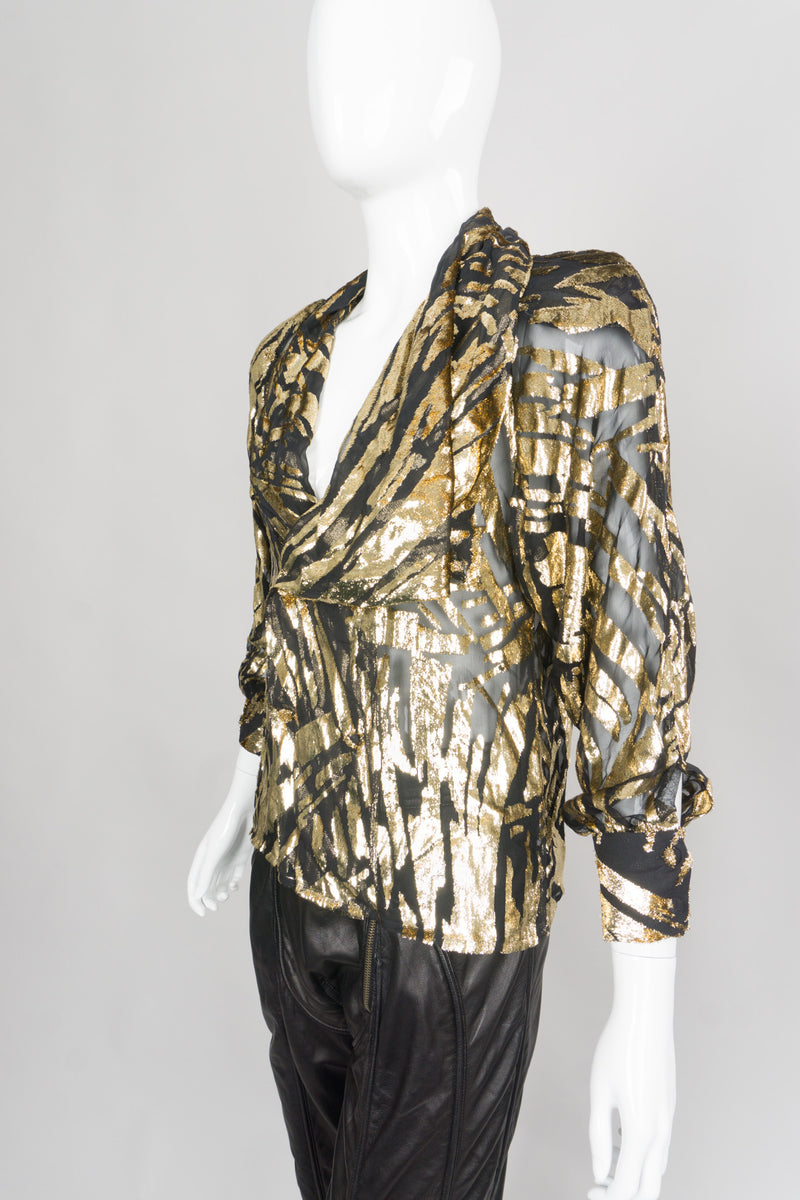 Alan Austin Gold Silk Velvet Lamé Zebra Palm Burnout Top