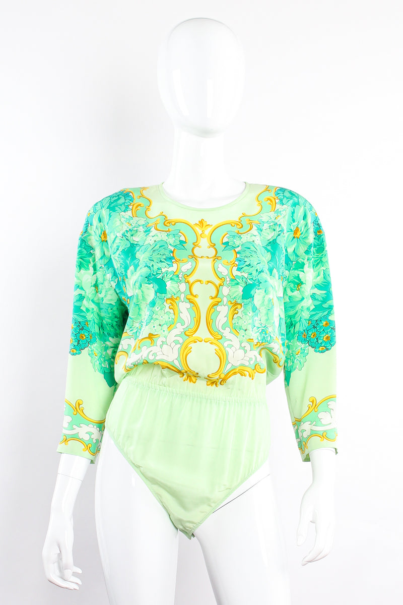 Vintage Escada Pastel Floral Baroque Bodysuit on Mannequin front at Recess Los Angeles