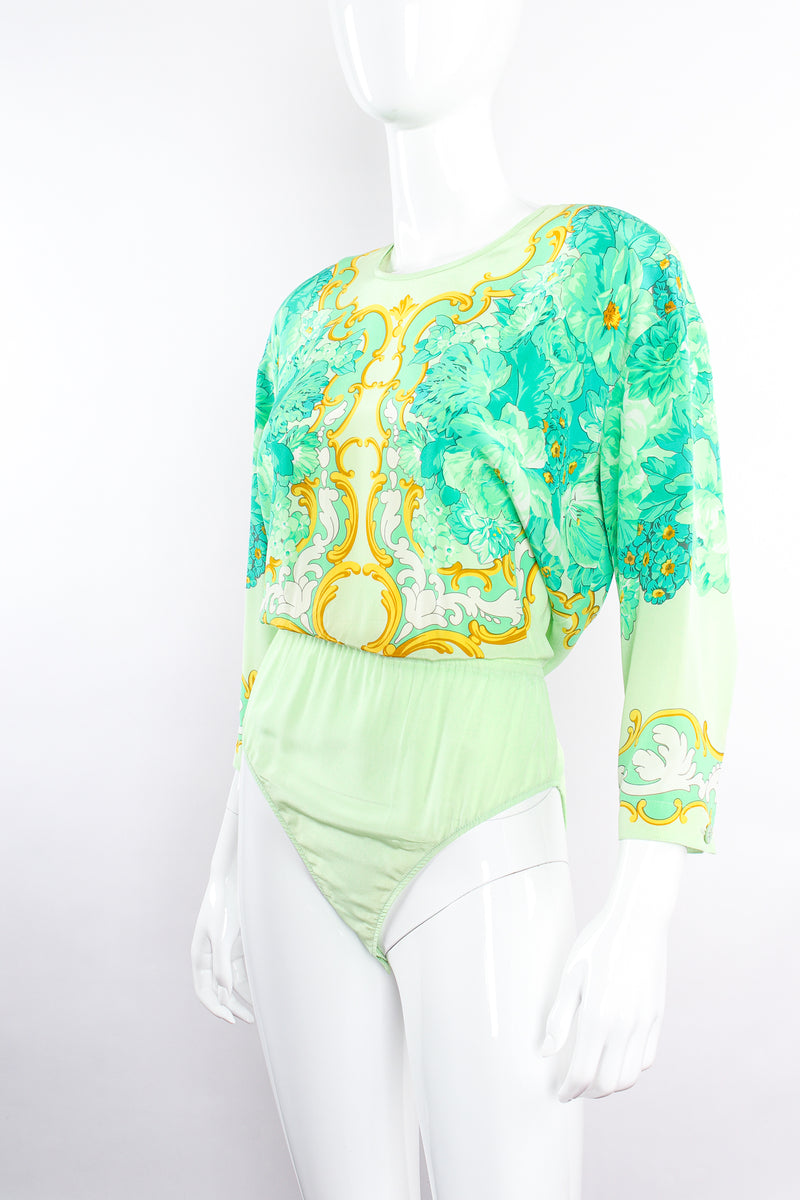 Vintage Escada Pastel Floral Baroque Bodysuit on Mannequin angle at Recess Los Angeles