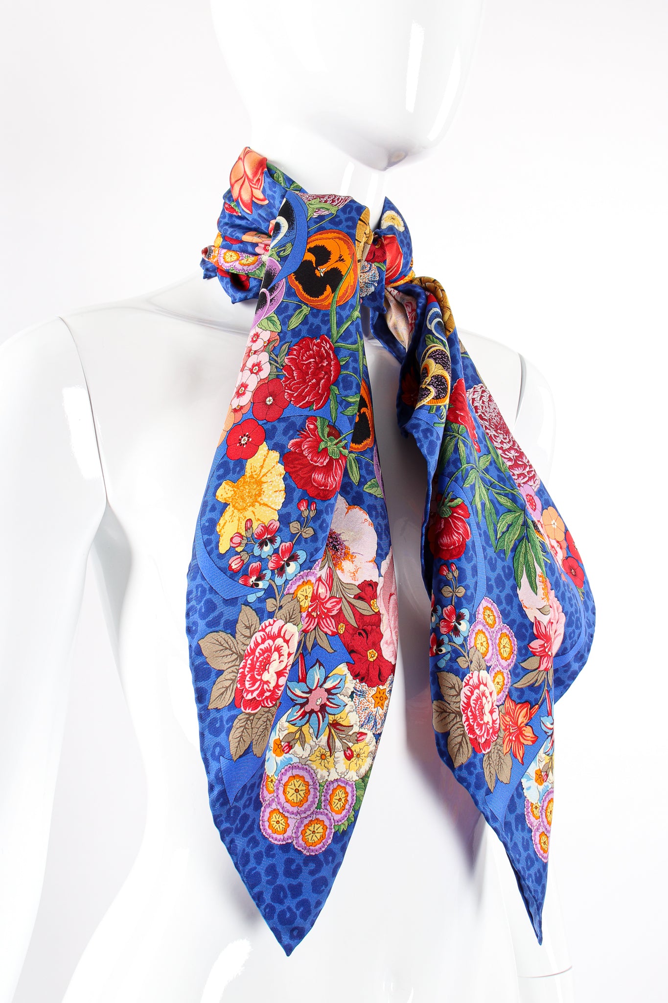 Vintage Gucci Floral Pansy Blue Leopard Scarf on Mannequin at Recess Los Angeles