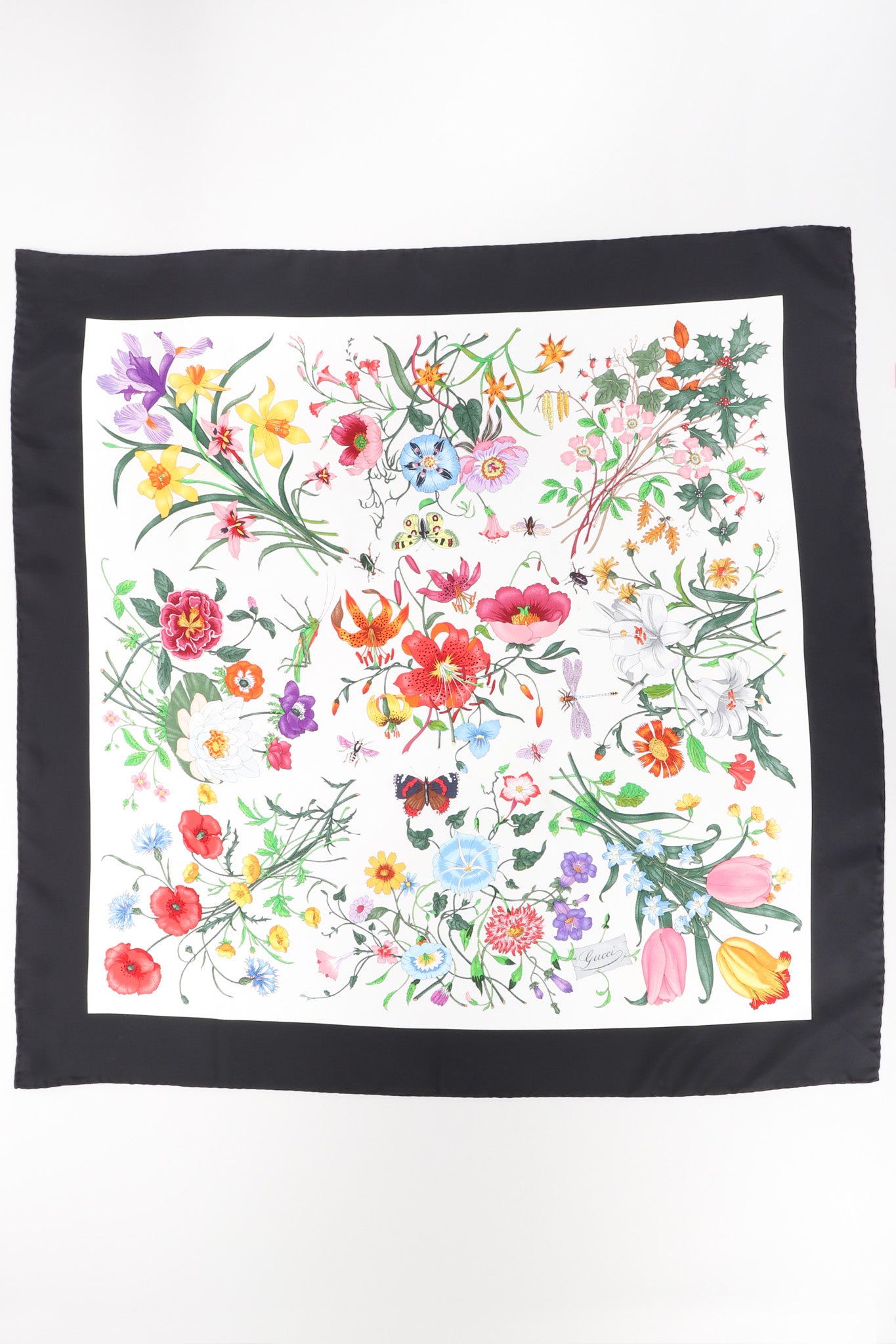 Recess Los Angeles Vintage Gucci Vittorio Accornero Black Flora Lily Spring Blossom Scarf