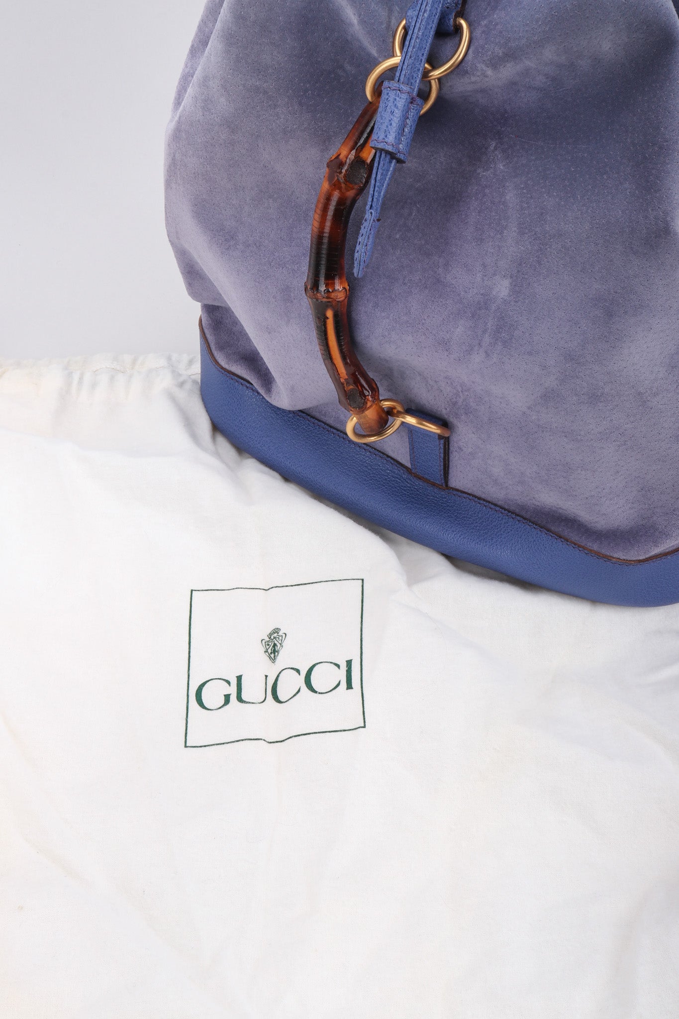 Recess Los Angeles Vintage Gucci Periwinkle Suede Bamboo Bucket Backpack