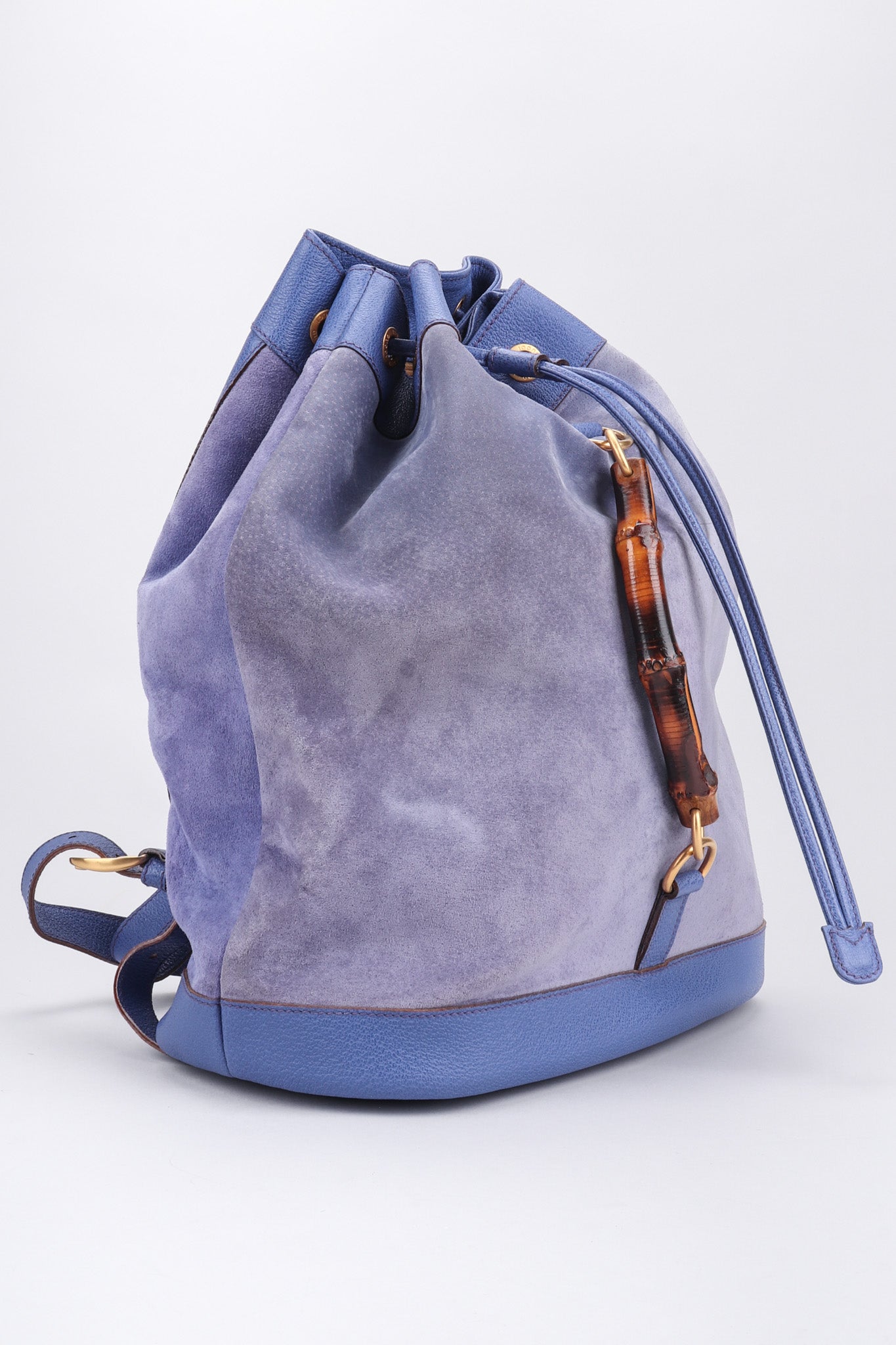 Recess Los Angeles Vintage Gucci Periwinkle Suede Bamboo Bucket Backpack