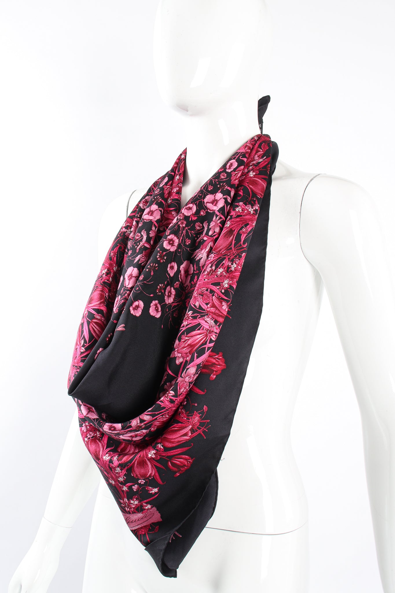 Vintage Gucci Burgundy Mono Flora Silk Scarf on Mannequin at Recess Los Angeles