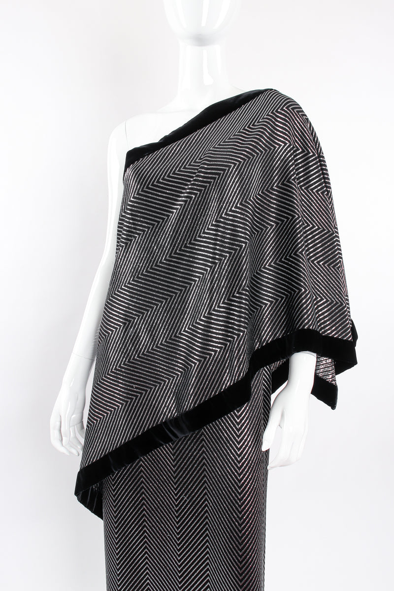 Vintage Gucci Metallic Silver Stripe Sari Shawl Dress on mannequin crop at Recess Los Angeles