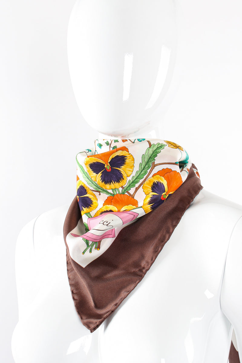 Vintage Gucci V. Accornero Floral Pansy Scarf on mannequin at Recess Los Angeles