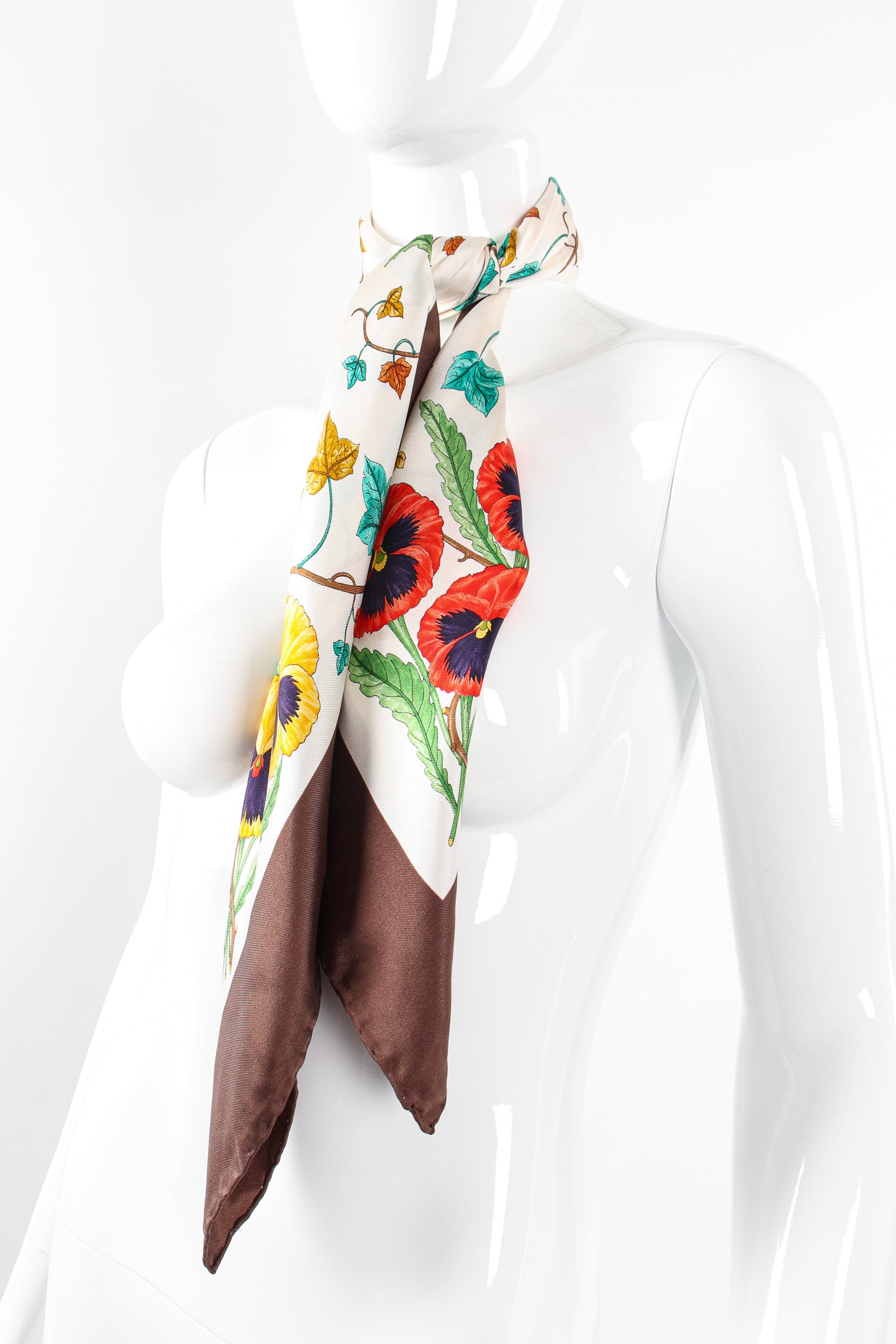 Vintage Gucci V. Accornero Floral Pansy Scarf on mannequin at Recess Los Angeles