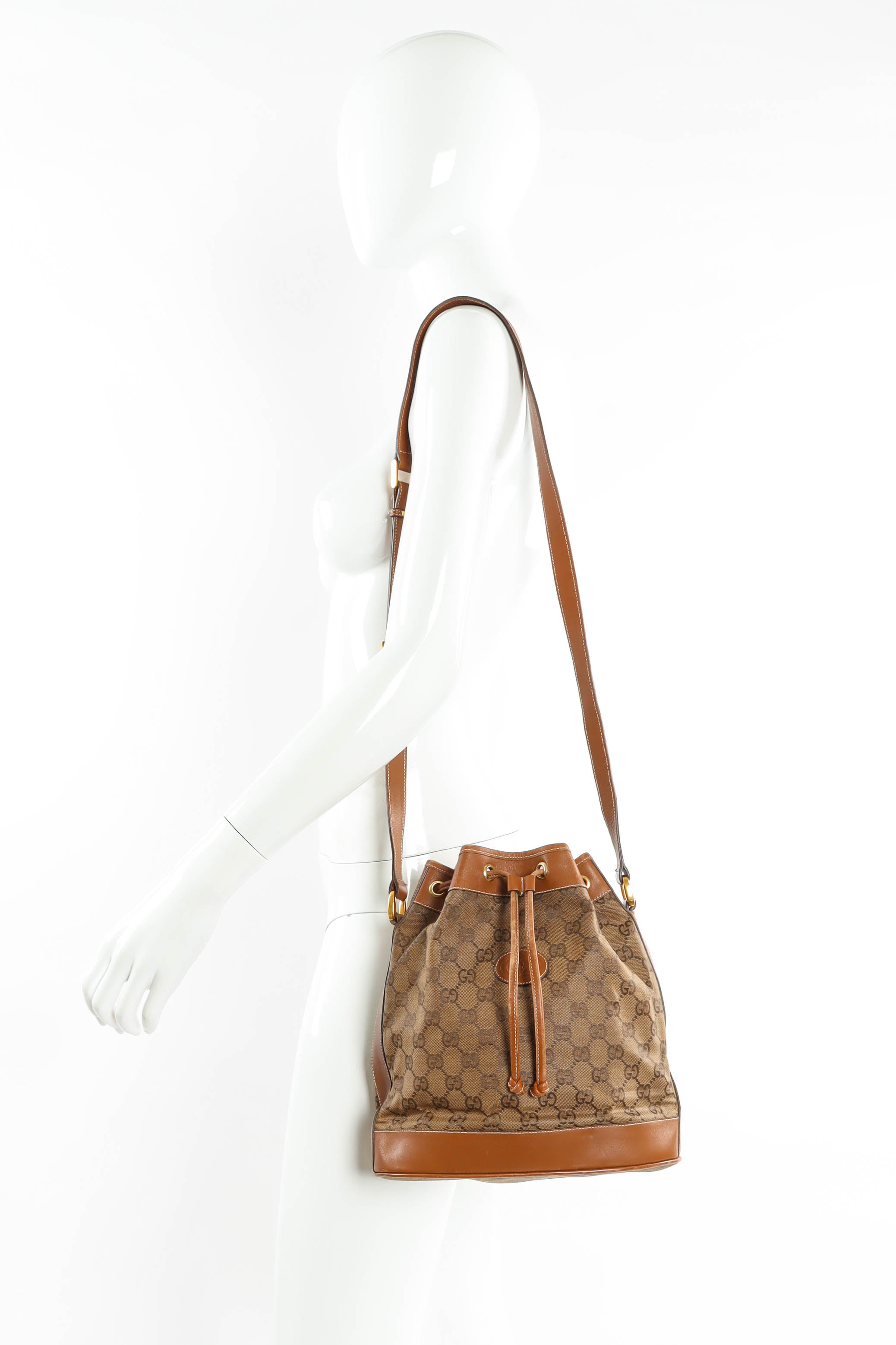 Vintage Gucci GG Monogram Bucket Bag mannequin shoulder  @ Recess LA