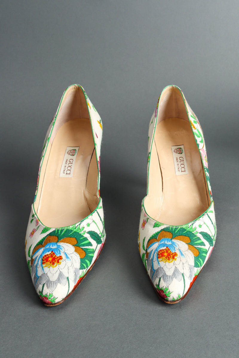 Vintage 1980 Gucci Botanical Floral Green Heels front flat lay  @ Recess LA