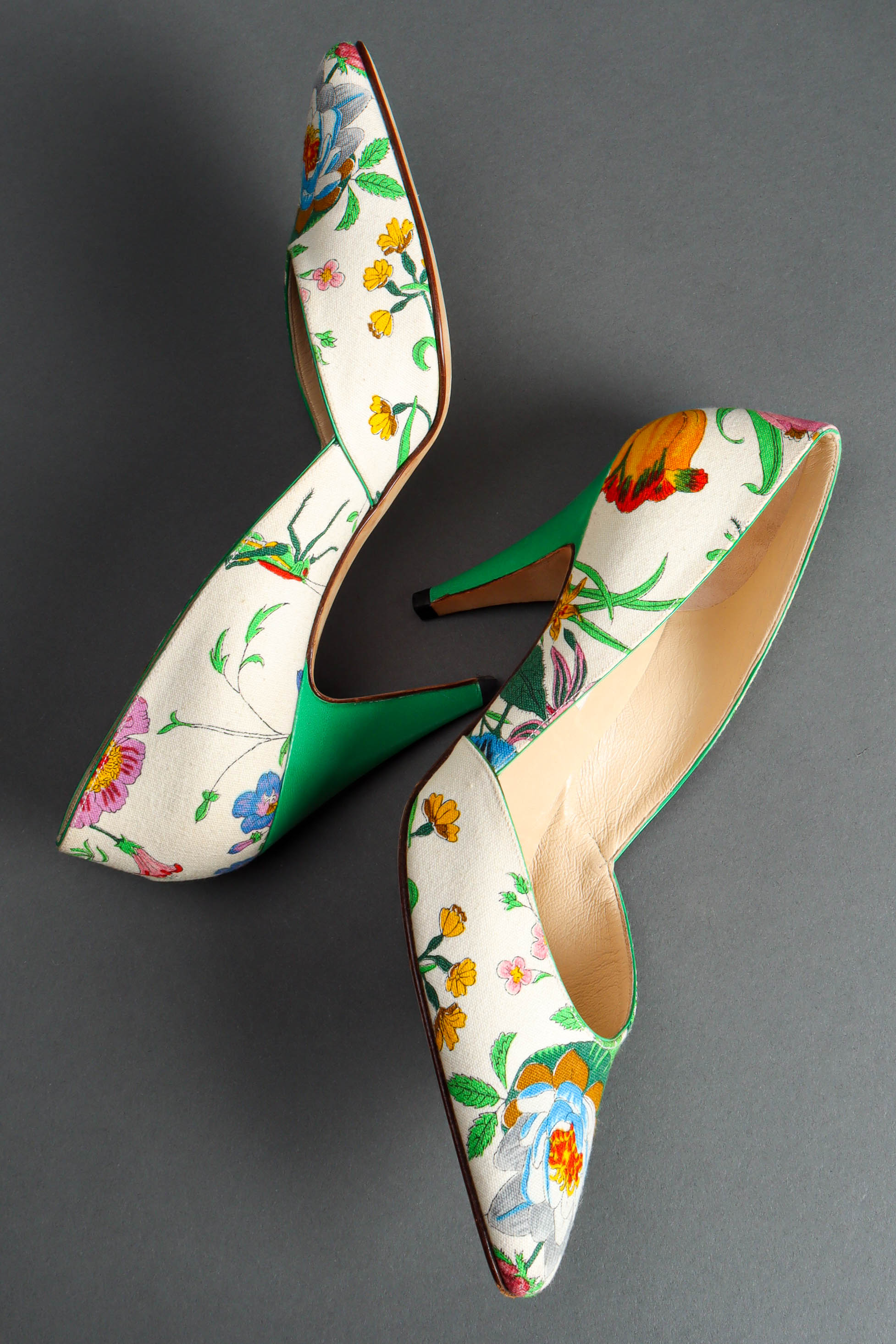 Vintage 1980 Gucci Botanical Floral Green Heels art flat lay  @ Recess LA