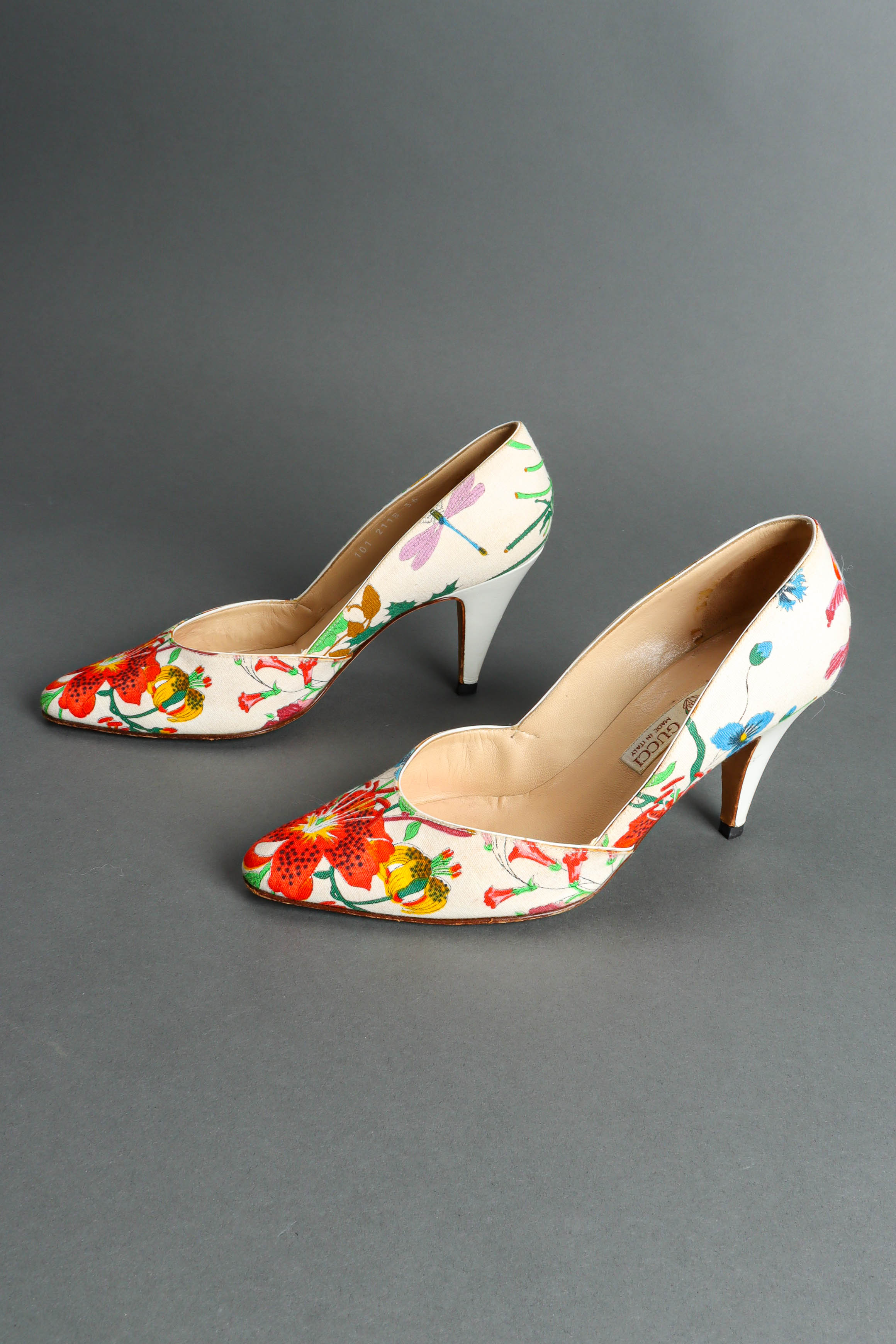 Vintage 1980 Gucci Botanical Floral White Heels L side flat lay  @ Recess LA