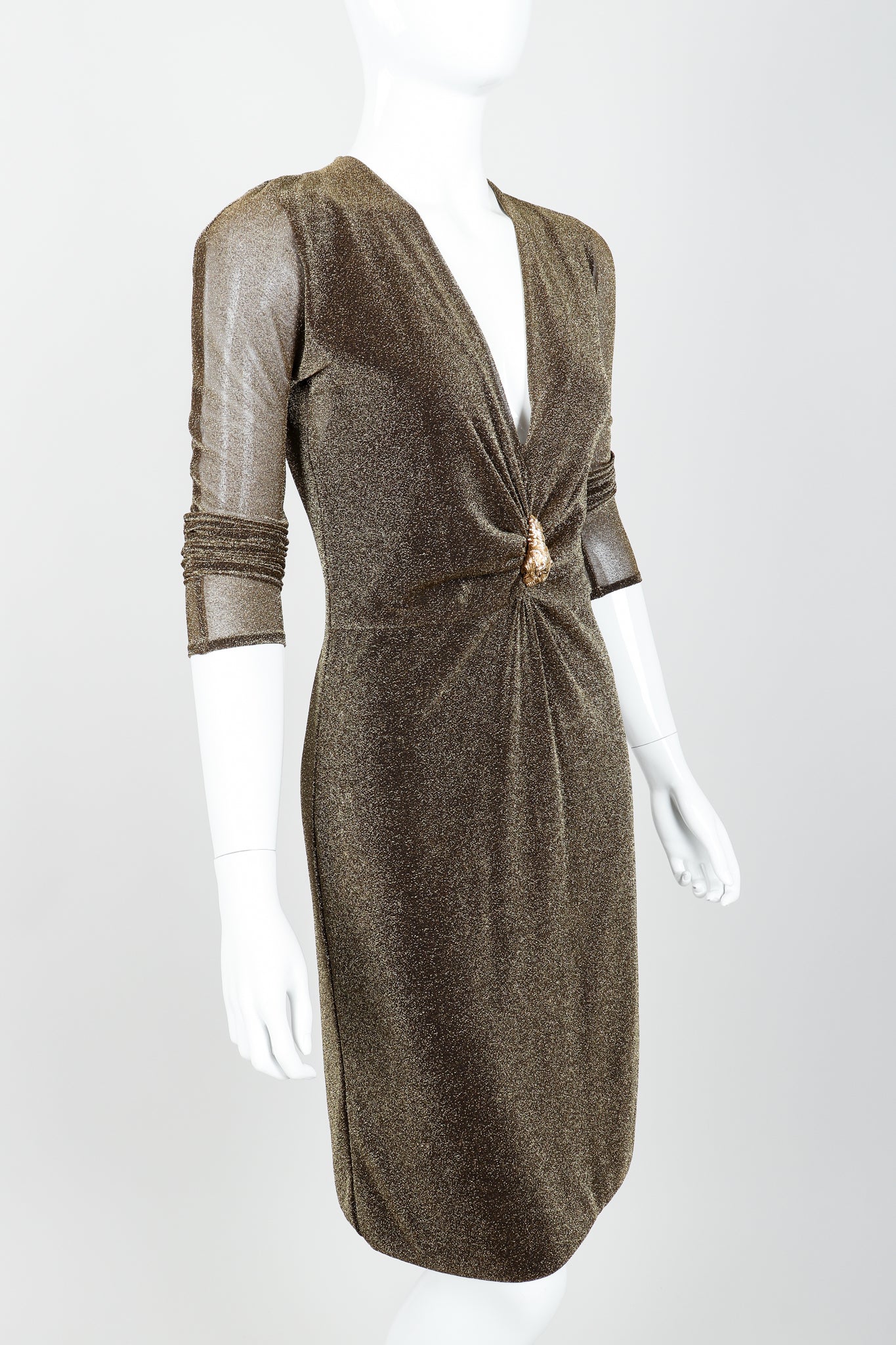 Vintage Gucci Tom Ford A/W 2000 Gold Lamé Dionysus Dress on Mannequin angle crop at Recess LA