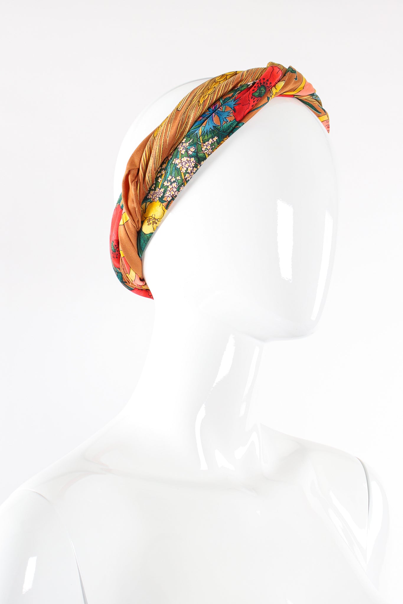 Vintage Gucci V. Accornero Wildflower Wheat Floral Bouquet Scarf on mannequin at Recess Los Angeles