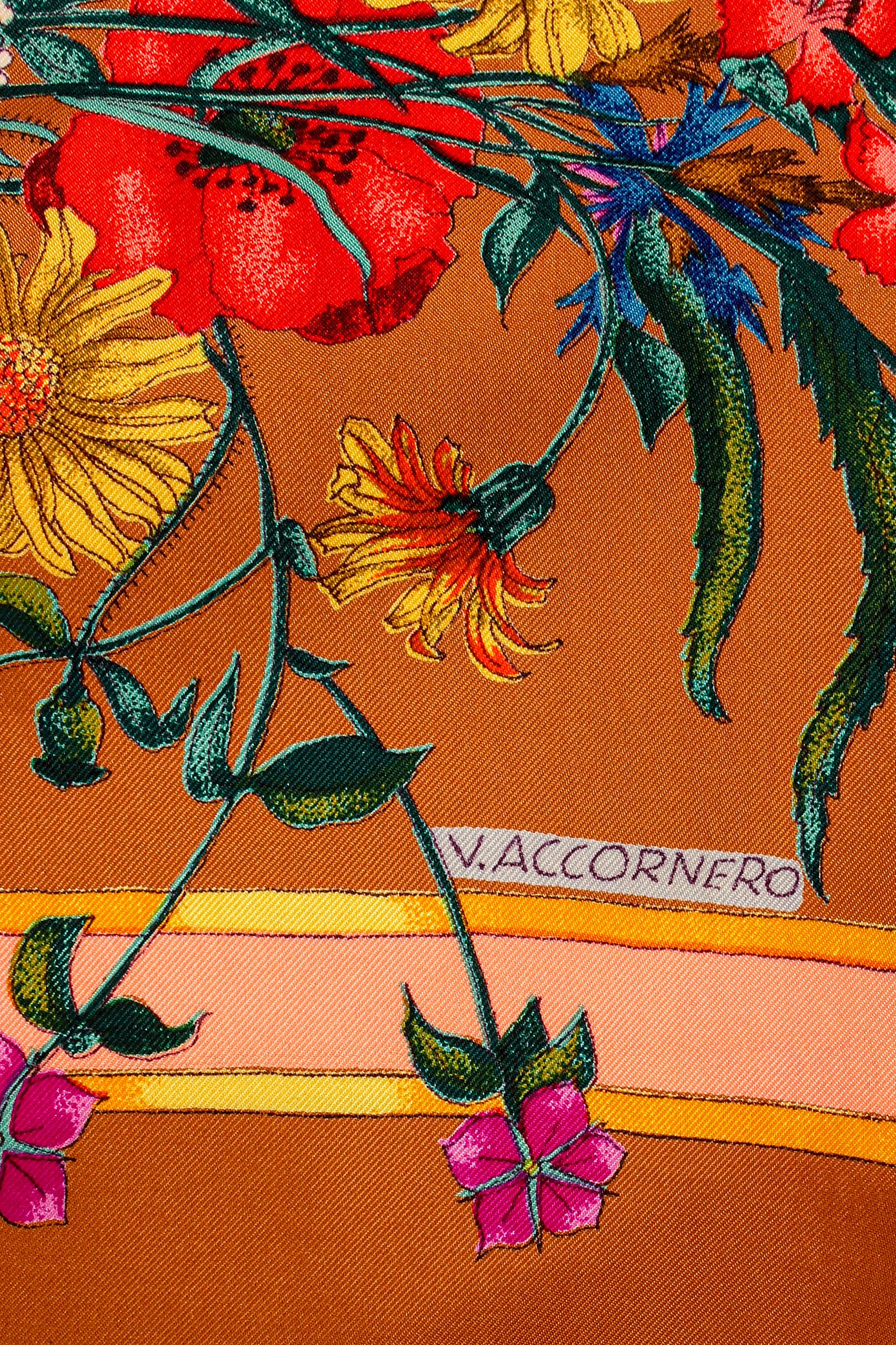 Vintage Gucci V. Accornero Wildflower Wheat Floral Bouquet Scarf Closeup at Recess Los Angeles