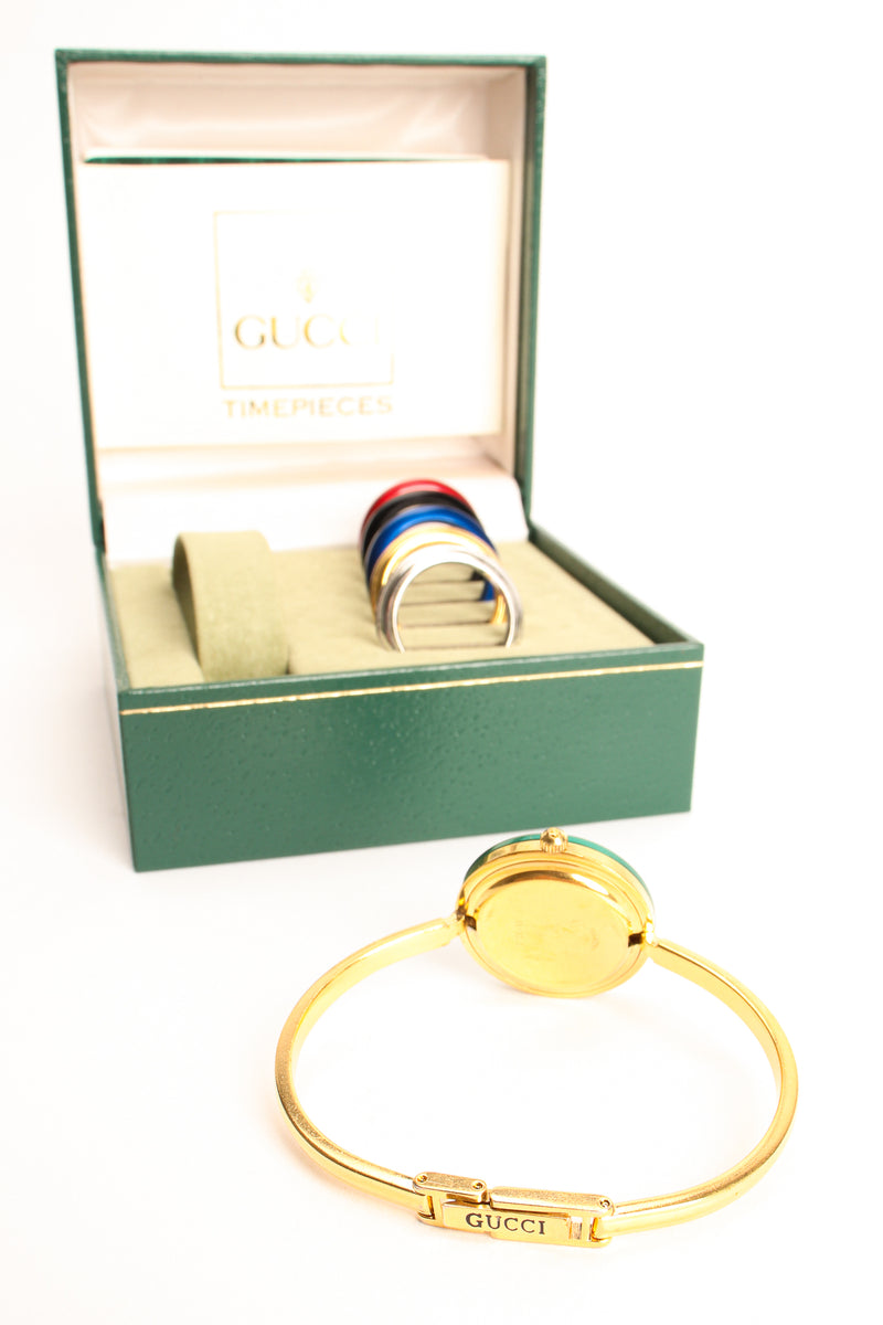 Vintage Gucci Metallic Bezels Bracelet Watch Boxed Gift Set signature stamp at Recess Los Angeles