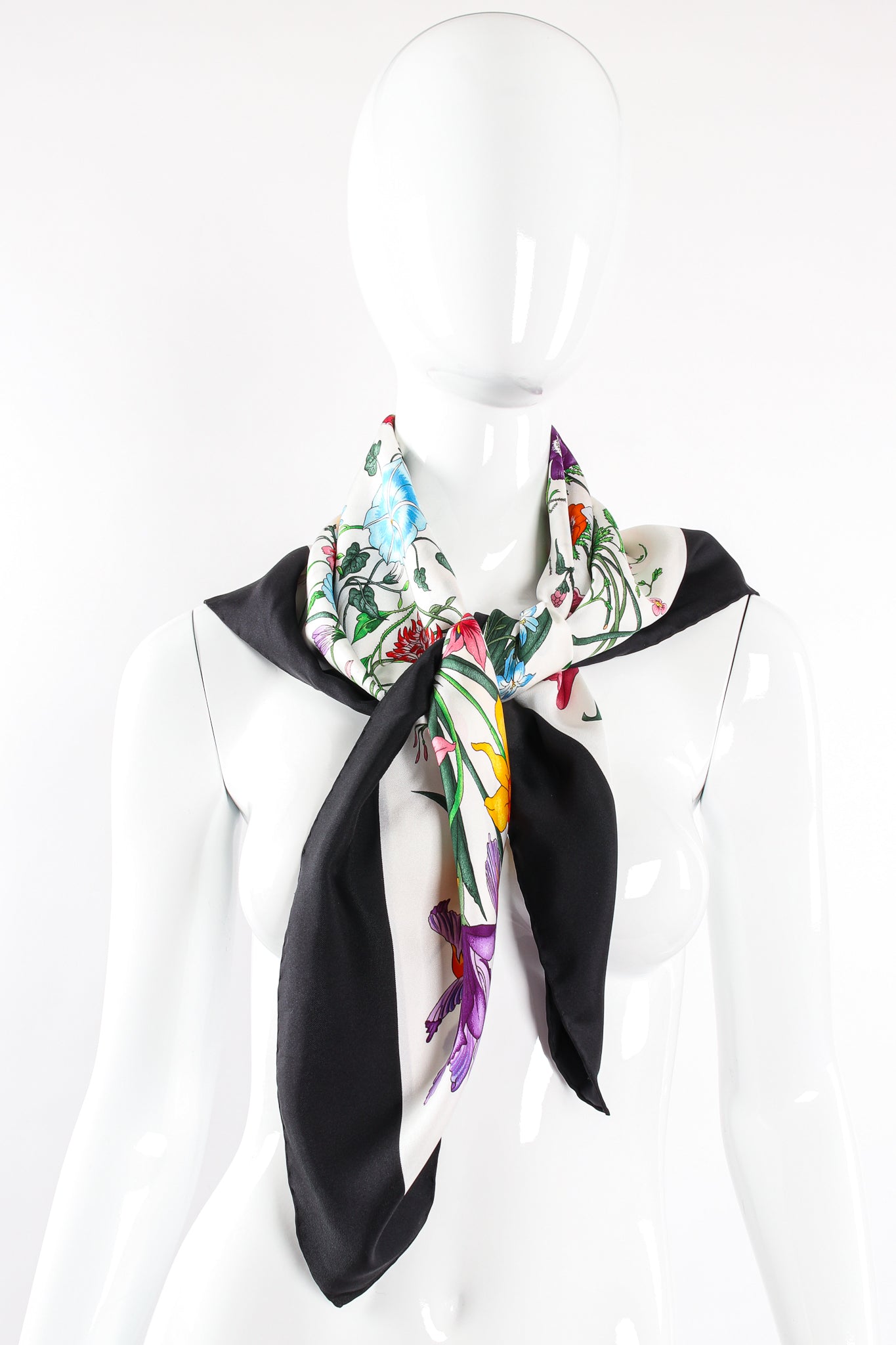 Vintage Gucci Vittorio Accornero Black Flora Scarf on mannequin at Recess Los Angeles