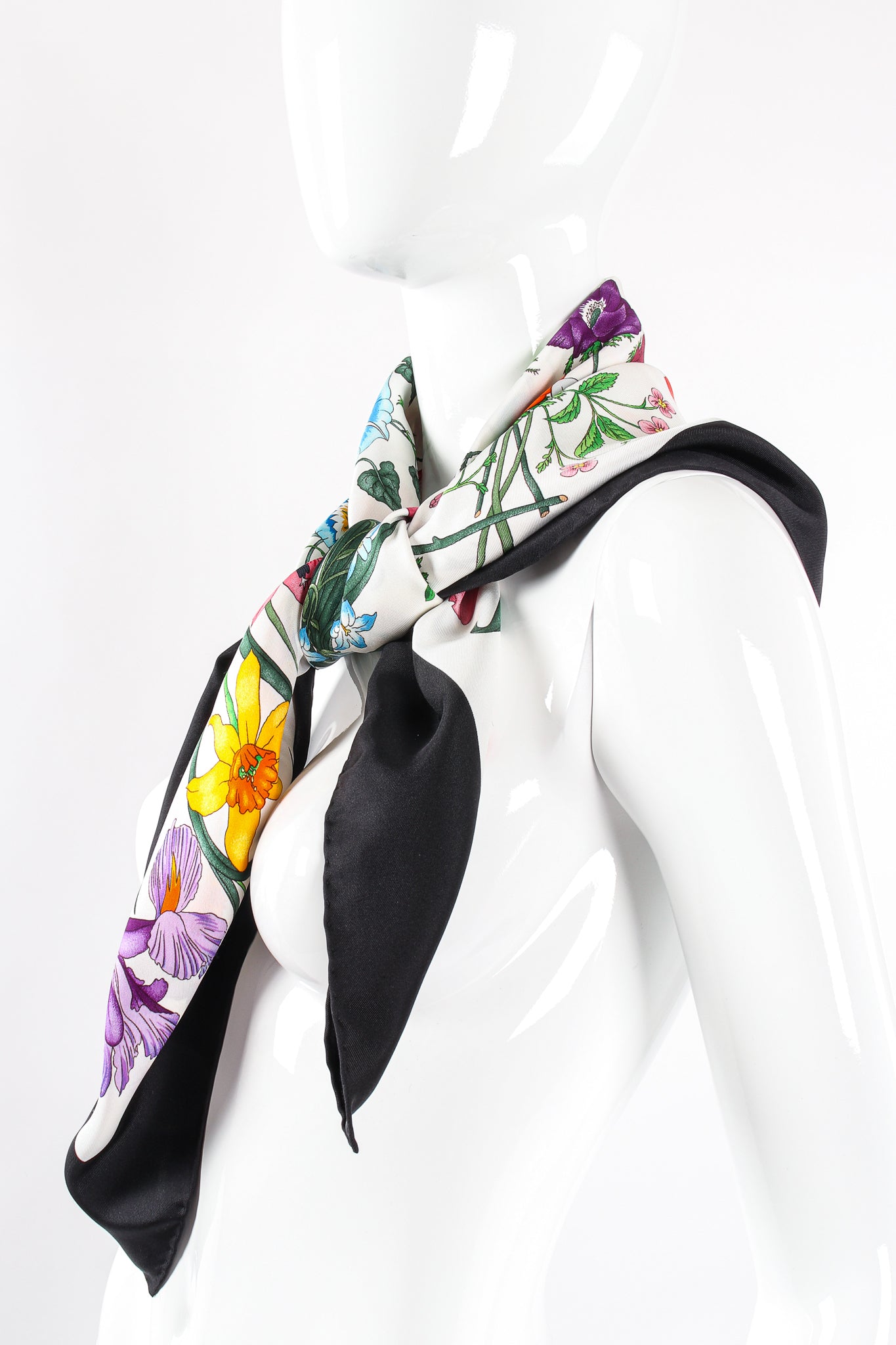 Vintage Gucci Vittorio Accornero Black Flora Scarf on mannequin at Recess Los Angeles