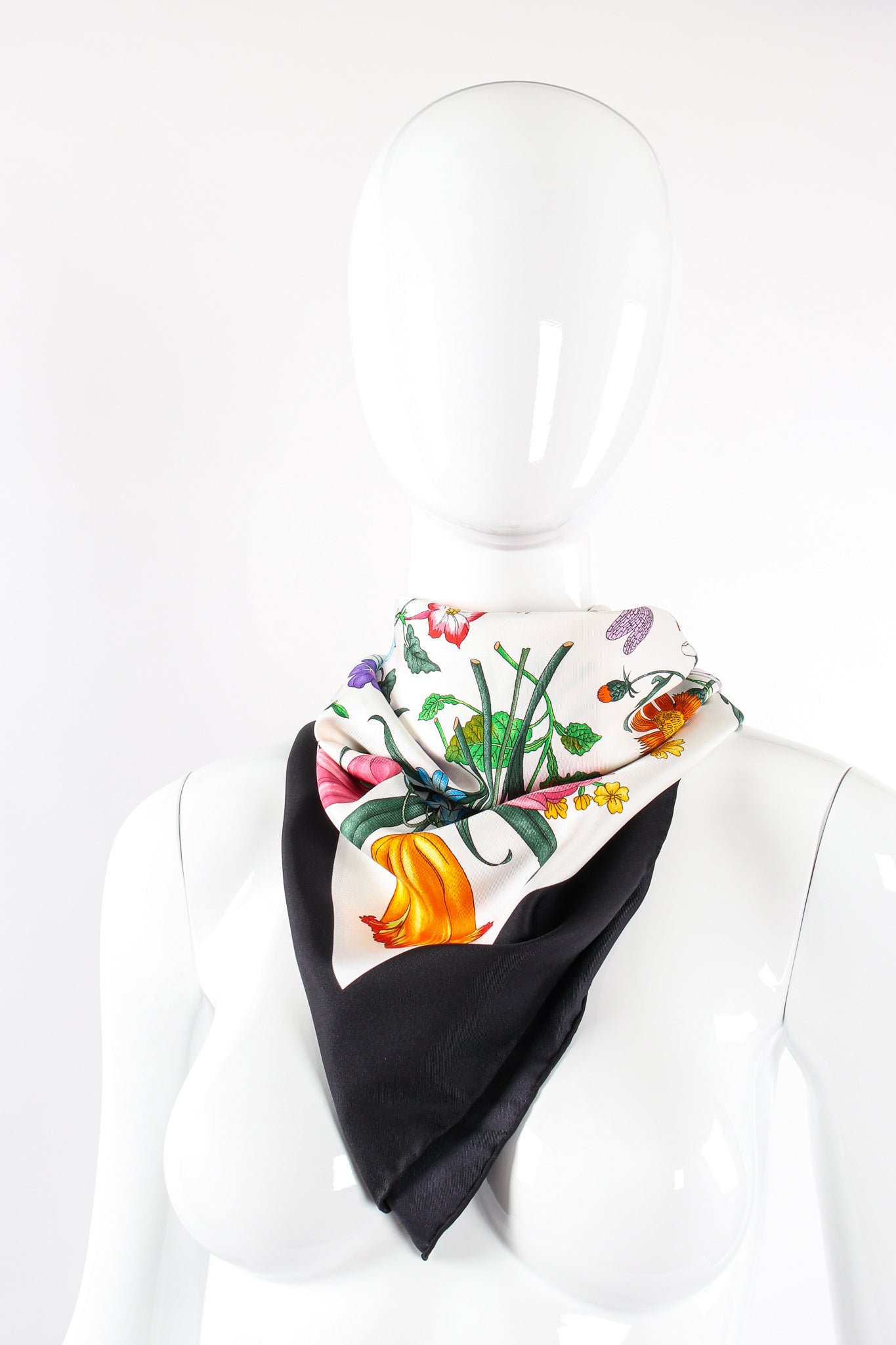 Vintage Gucci Vittorio Accornero Black Flora Scarf on mannequin at Recess Los Angeles