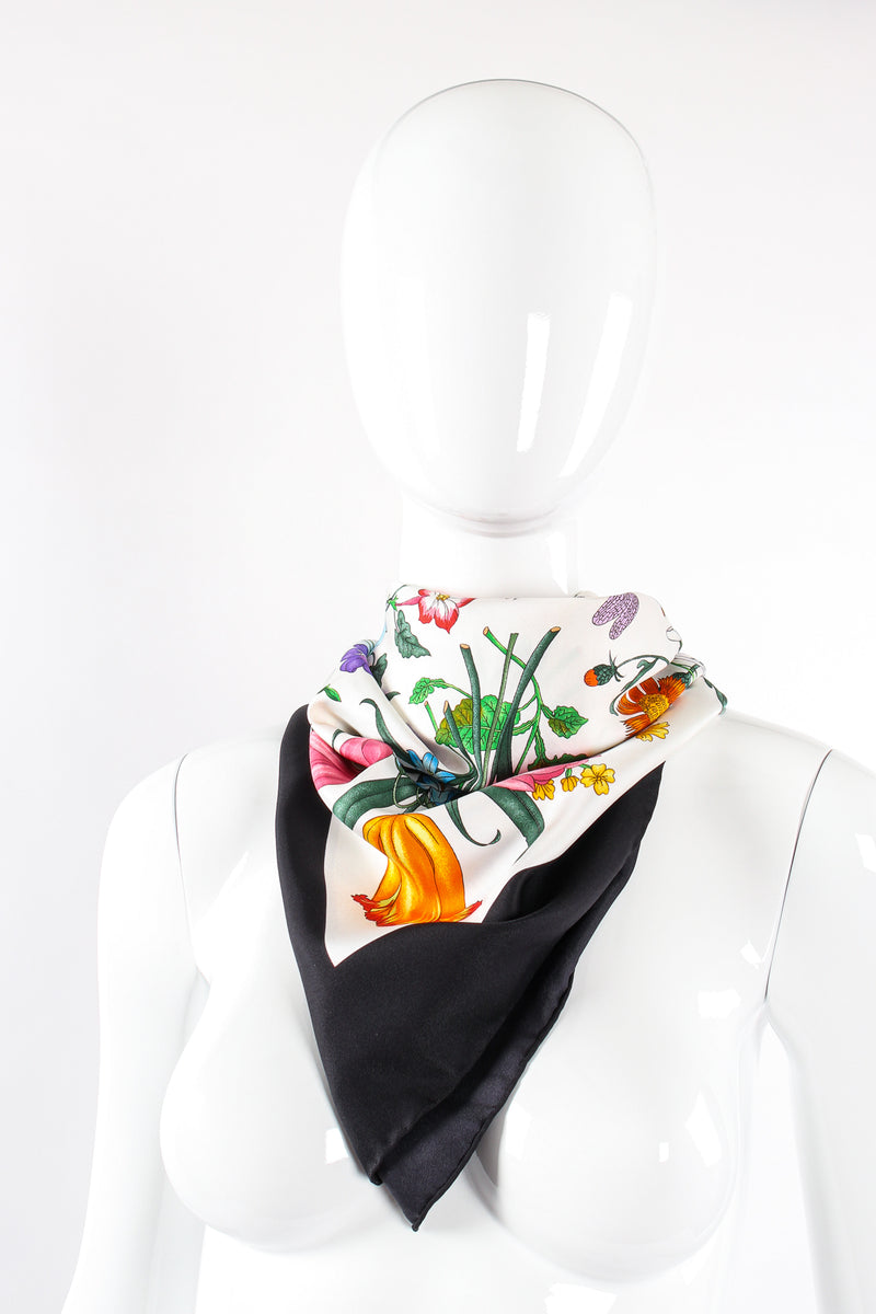 Vintage Gucci Vittorio Accornero Black Flora Scarf on mannequin at Recess Los Angeles