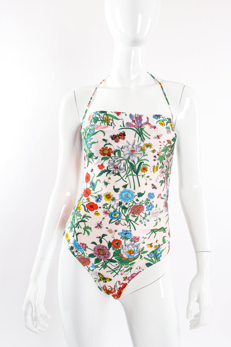 Vintage Gucci Flora Print Maillot Swimsuit on Mannequin front crop at Recess Los Angeles