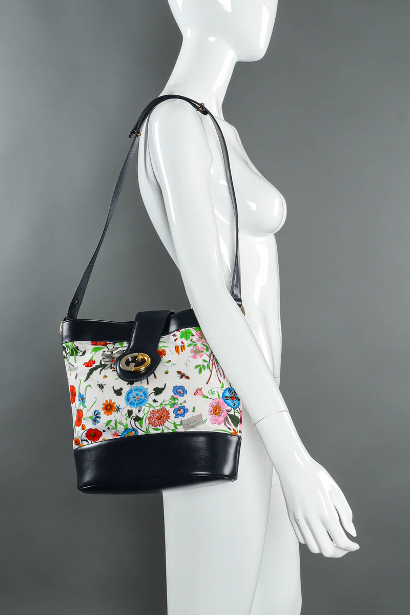 Vintage Gucci 1980 Botanical Flora Bucket Shoulder Bag mannequin shoulder @ Recess LA