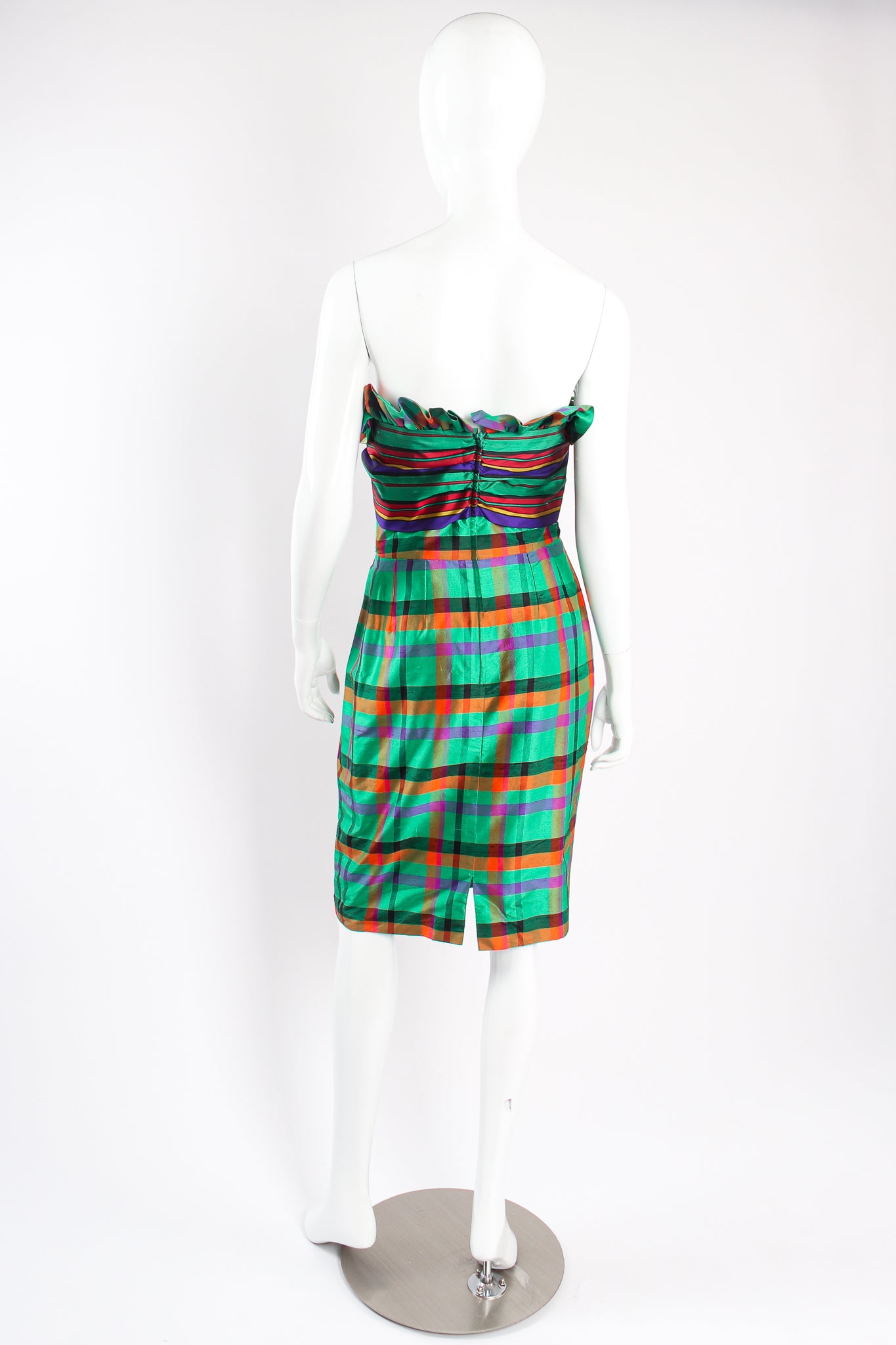 Vintage Guy Laroche Rainbow Plaid Silk Dress Set on mannequin back at Recess Los Angeles