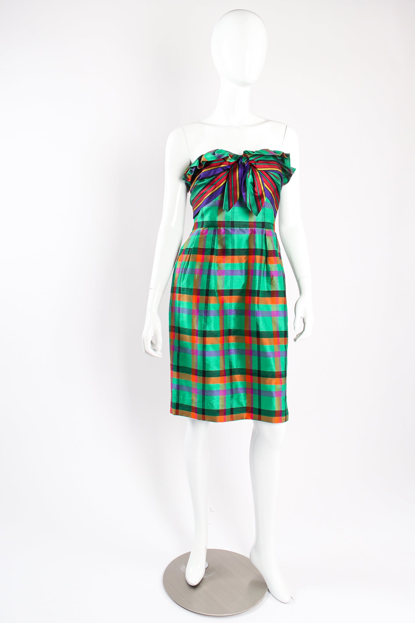 Vintage Guy Laroche Rainbow Plaid Silk Dress Set on mannequin front at Recess Los Angeles