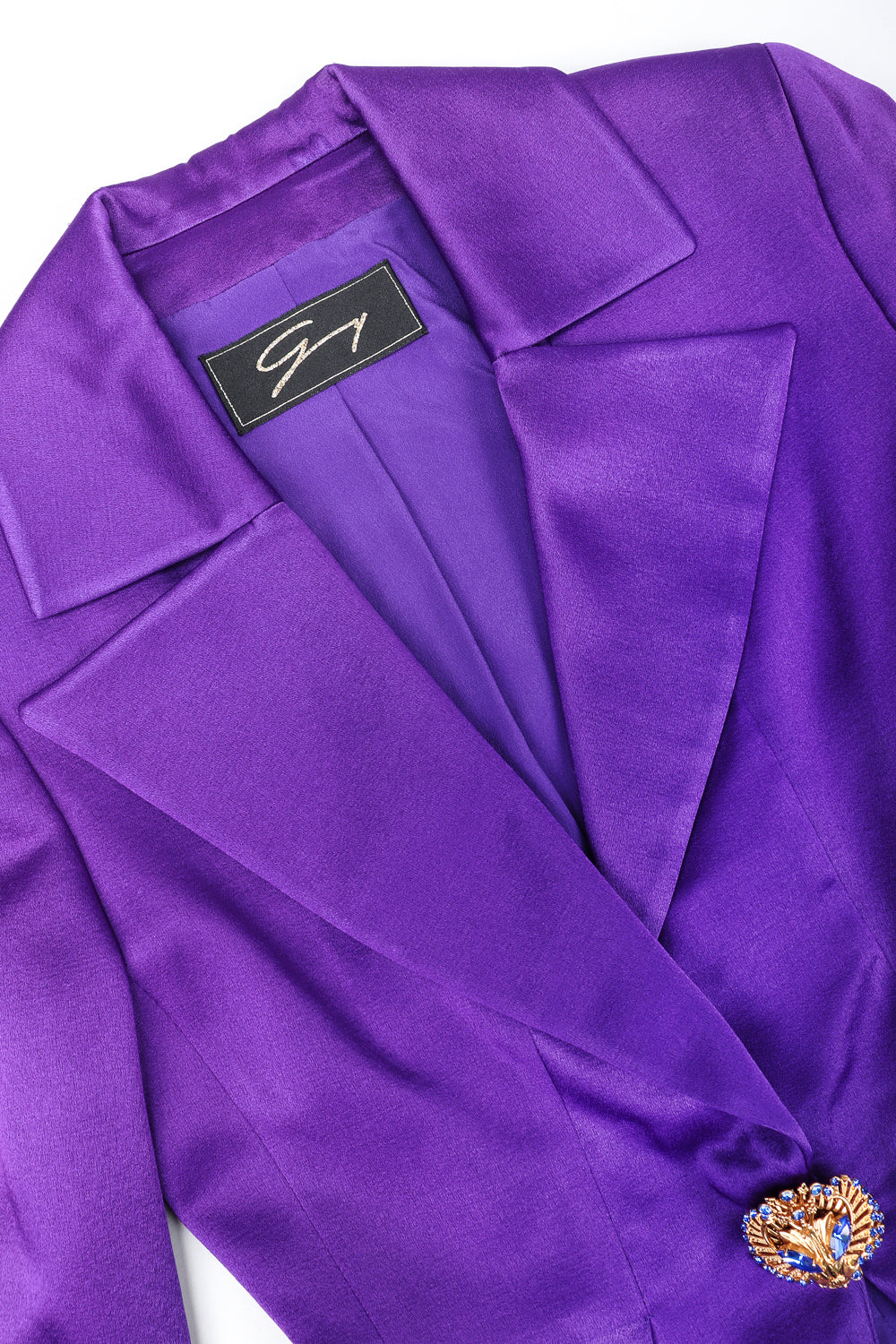 Recess Designer Consignment Vintage Genny Electric Purple Grape Satin Power Suit Jacket & Skirt Suit Los Angeles Resale