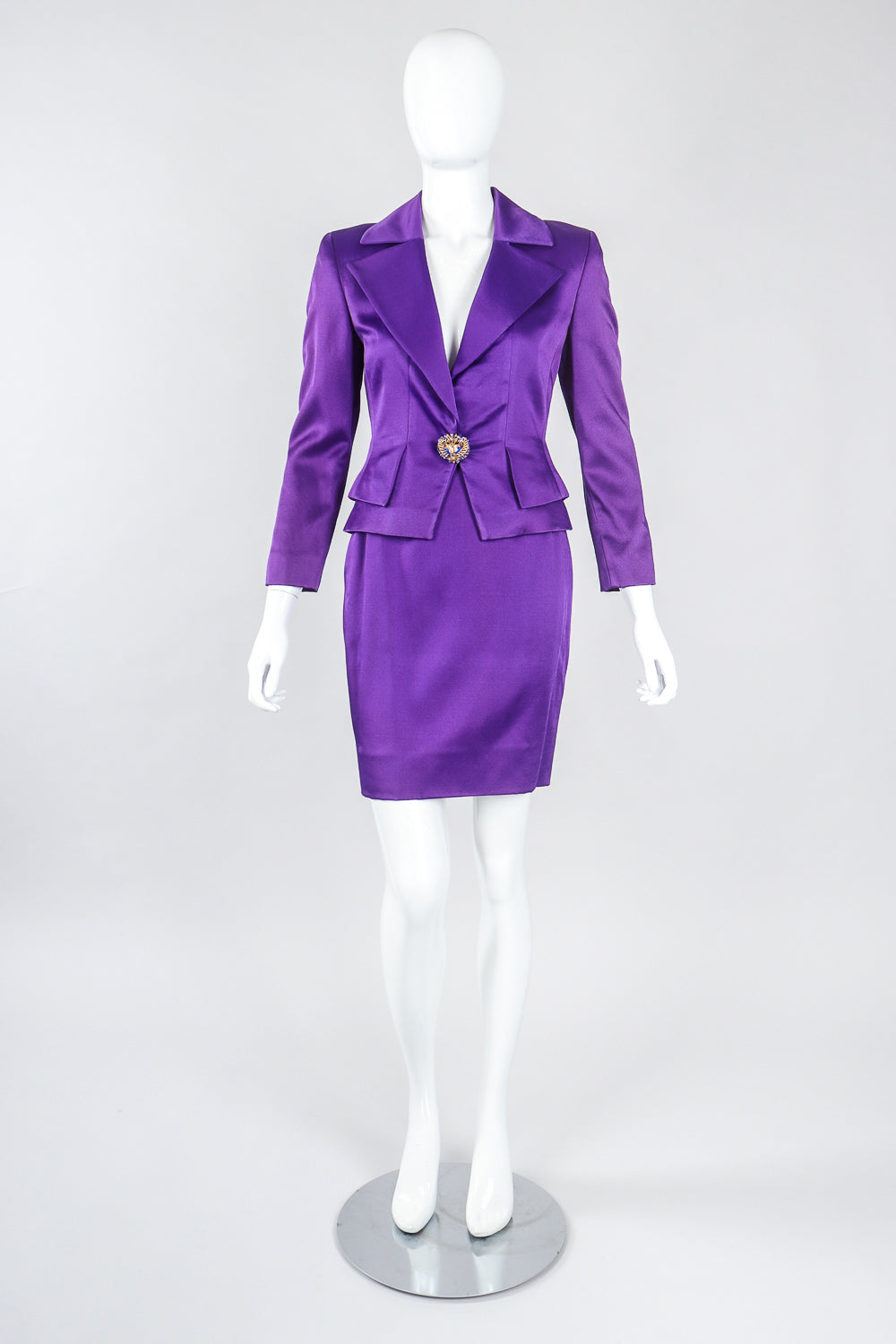 Recess Designer Consignment Vintage Genny Electric Purple Grape Satin Power Suit Jacket & Skirt Suit Los Angeles Resale