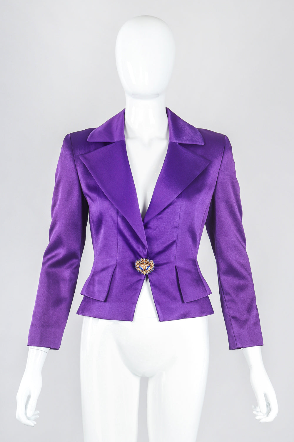 Recess Designer Consignment Vintage Genny Electric Purple Grape Satin Power Suit Jacket & Skirt Suit Los Angeles Resale