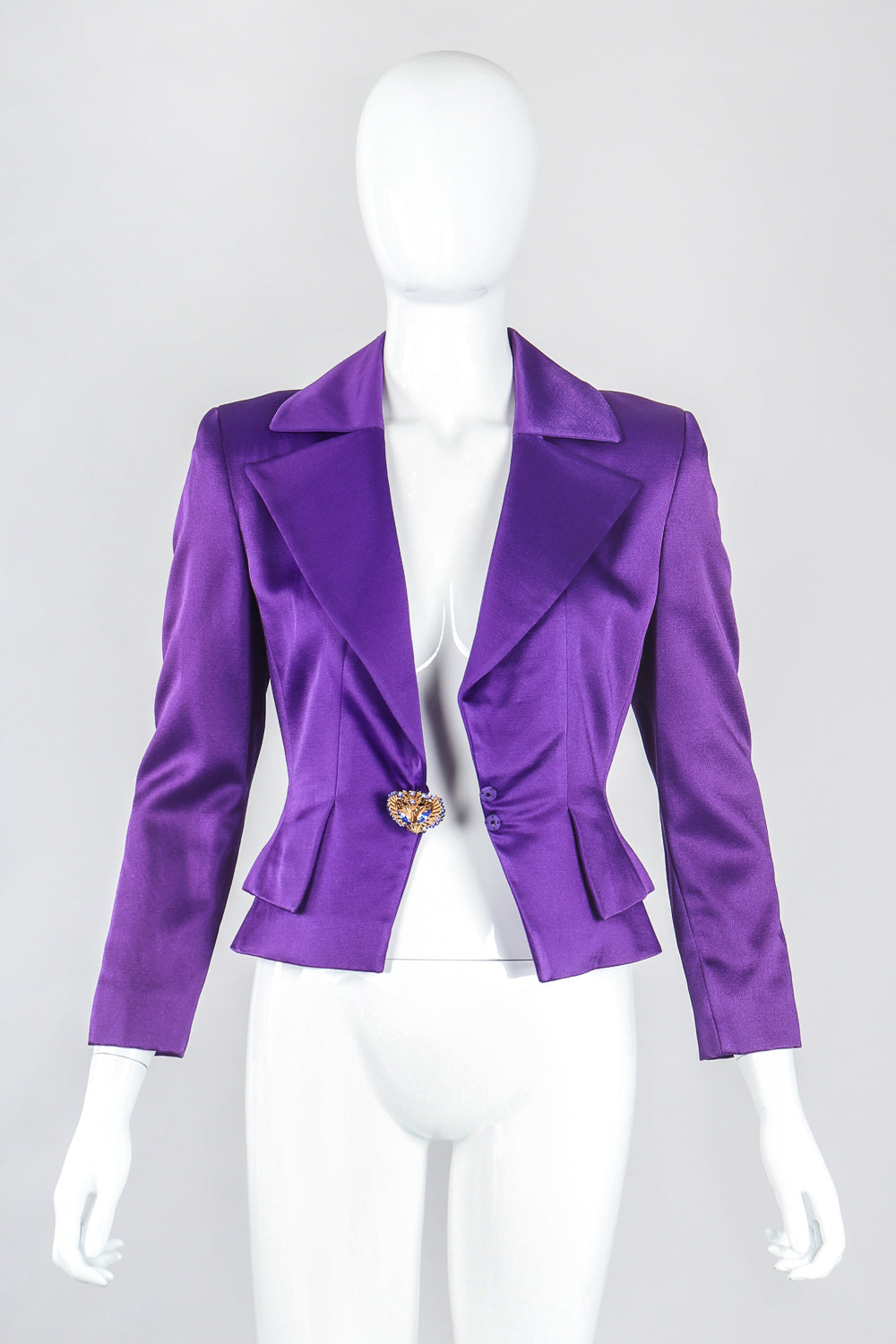 Recess Designer Consignment Vintage Genny Electric Purple Grape Satin Power Suit Jacket & Skirt Suit Los Angeles Resale